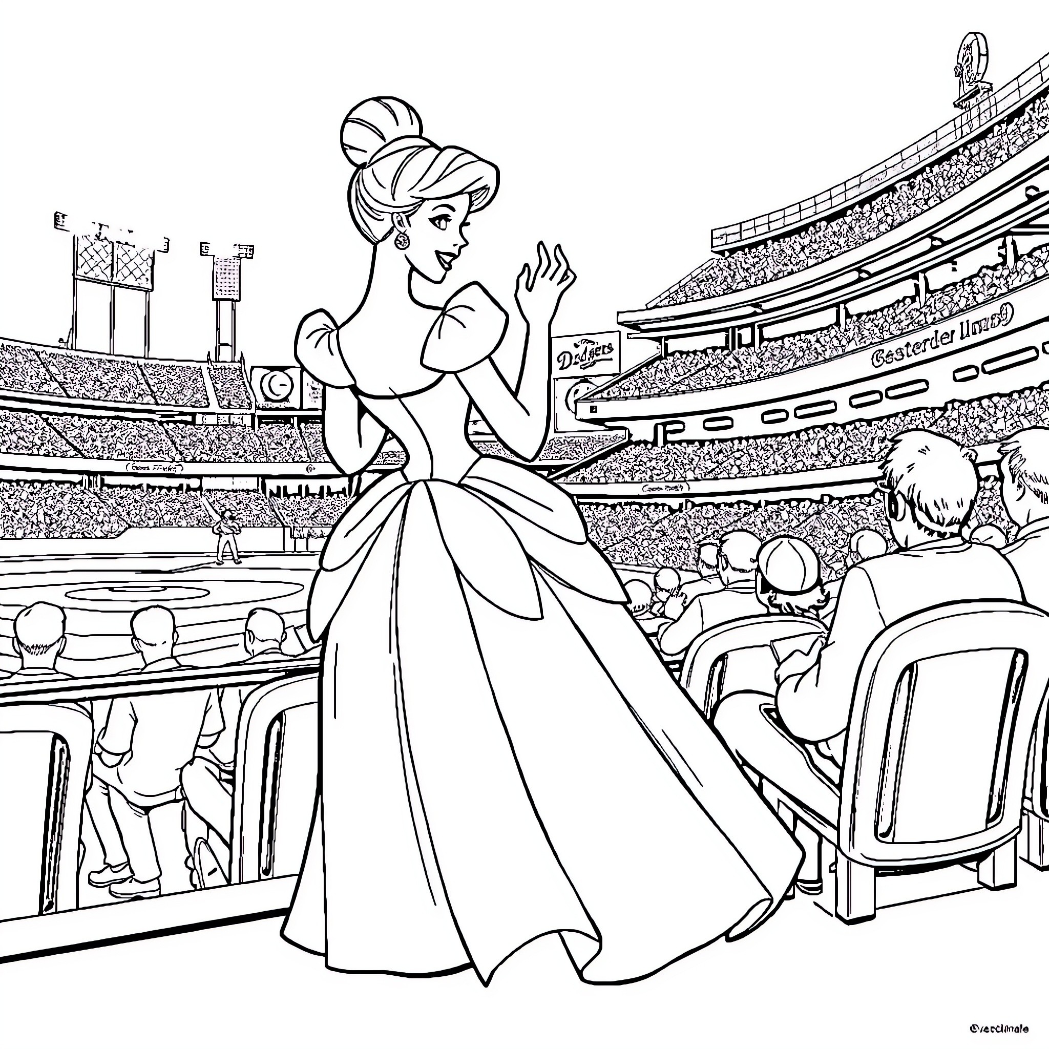 Cinderella dazzles the crowd at the grand stadium Coloring Page (free black-and-white line drawing printable PDF for all, from beginners to advanced learners, including children, teens, adults, and seniors)