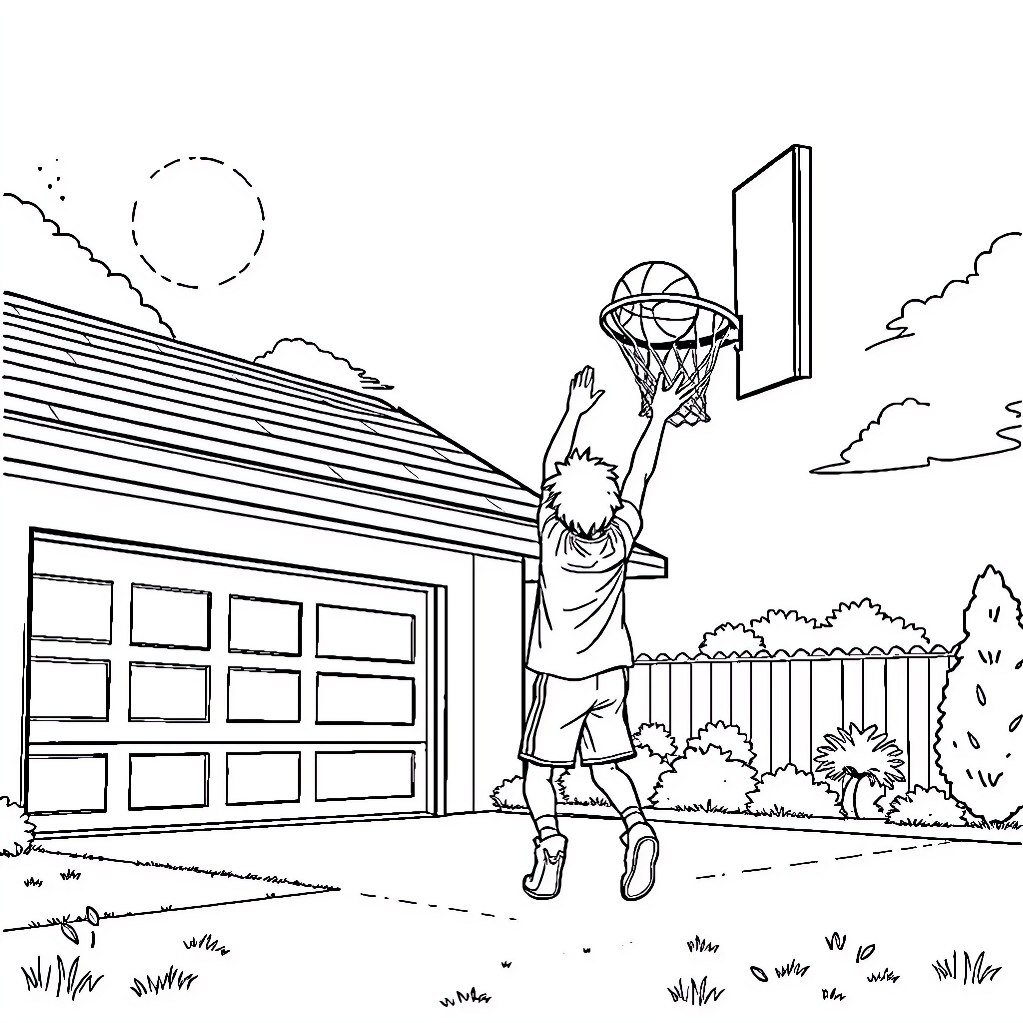 Basketball player shooting hoop outdoors Coloring Page (free black-and-white line drawing printable PDF for all, from beginners to advanced learners, including children, teens, adults, and seniors)