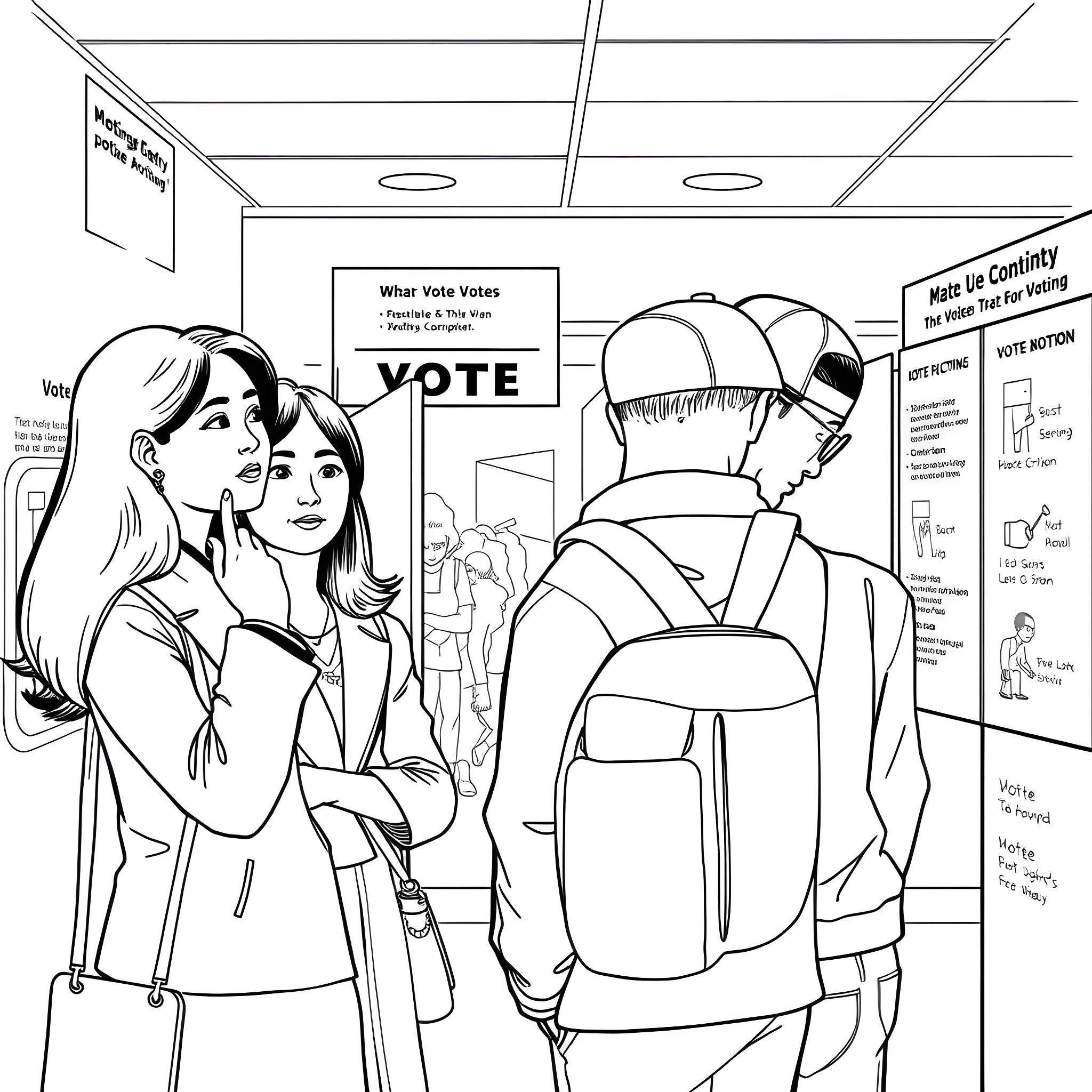 Person in voting booth with information signs Coloring Page (free black-and-white line drawing printable PDF for all, from beginners to advanced learners, including children, teens, adults, and seniors)
