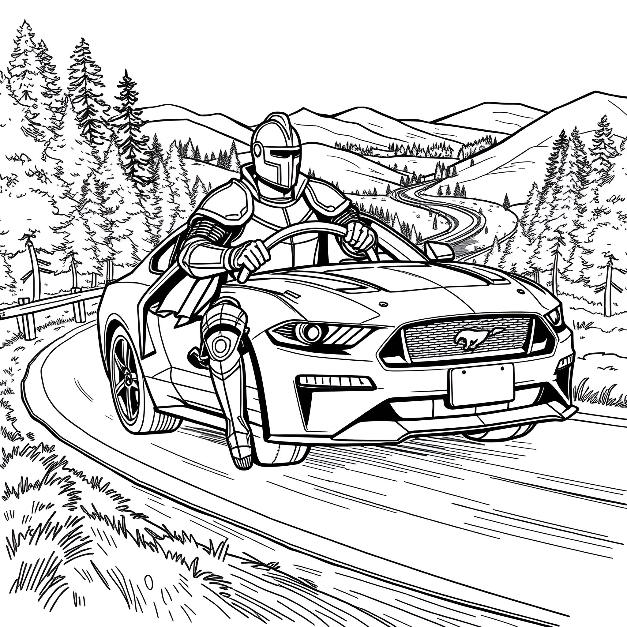 Knight racing on a sports car through the mountains Coloring Page (free black-and-white line drawing printable PDF for all, from beginners to advanced learners, including children, teens, adults, and seniors)