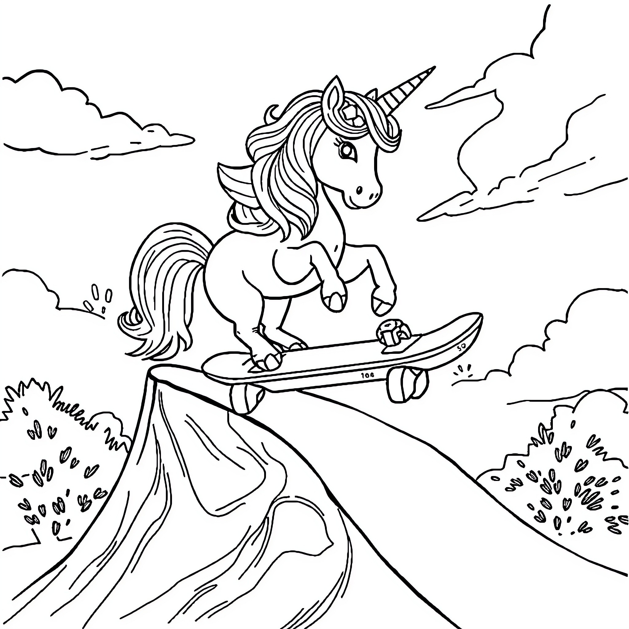 Unicorn riding a skateboard in the clouds Coloring Page (free black-and-white line drawing printable PDF for all, from beginners to advanced learners, including children, teens, adults, and seniors)