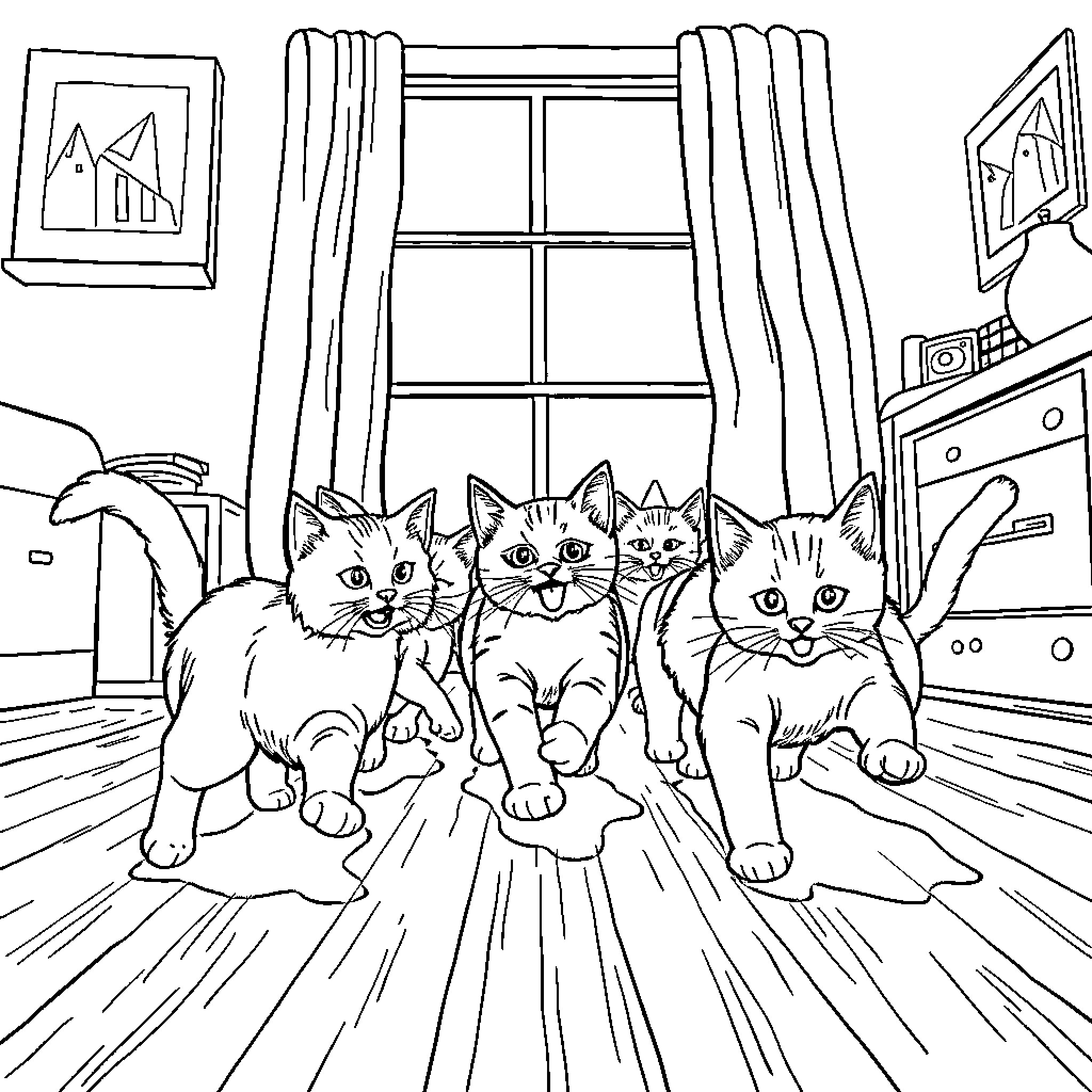 Kitty Cats Gathered in a Room Coloring Page (free black-and-white line drawing printable PDF for all, from beginners to advanced learners, including children, teens, adults, and seniors)