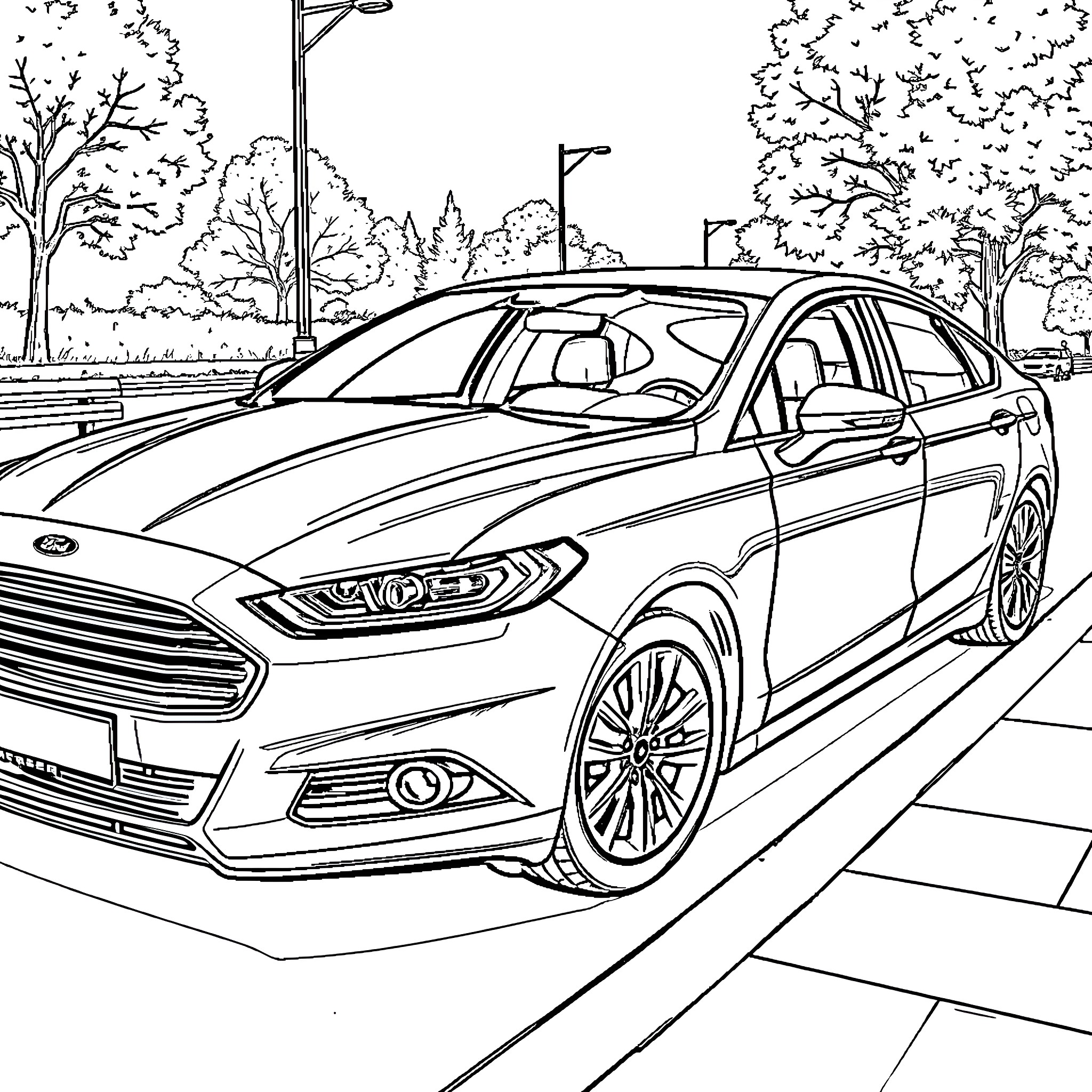 Car parked on street with trees and city landscape Coloring Page (free black-and-white line drawing printable PDF for all, from beginners to advanced learners, including children, teens, adults, and seniors)