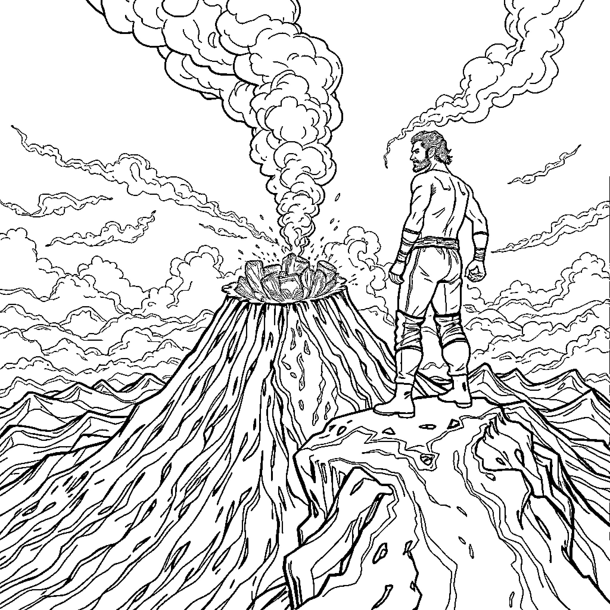 Kenny Omega facing an erupting volcano landscape Coloring Page (free black-and-white line drawing printable PDF for all, from beginners to advanced learners, including children, teens, adults, and seniors)