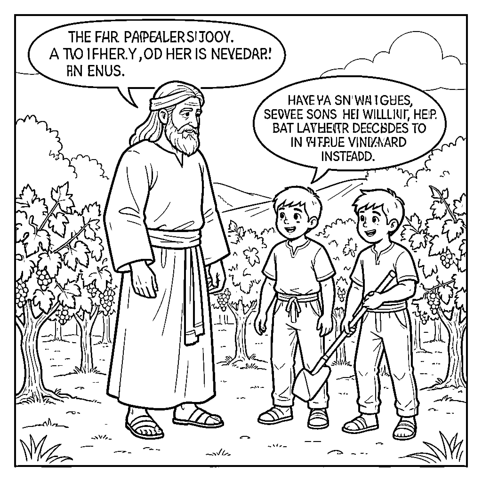 Son and brother listening to their father's words Coloring Page (free black-and-white line drawing printable PDF for all, from beginners to advanced learners, including children, teens, adults, and seniors)