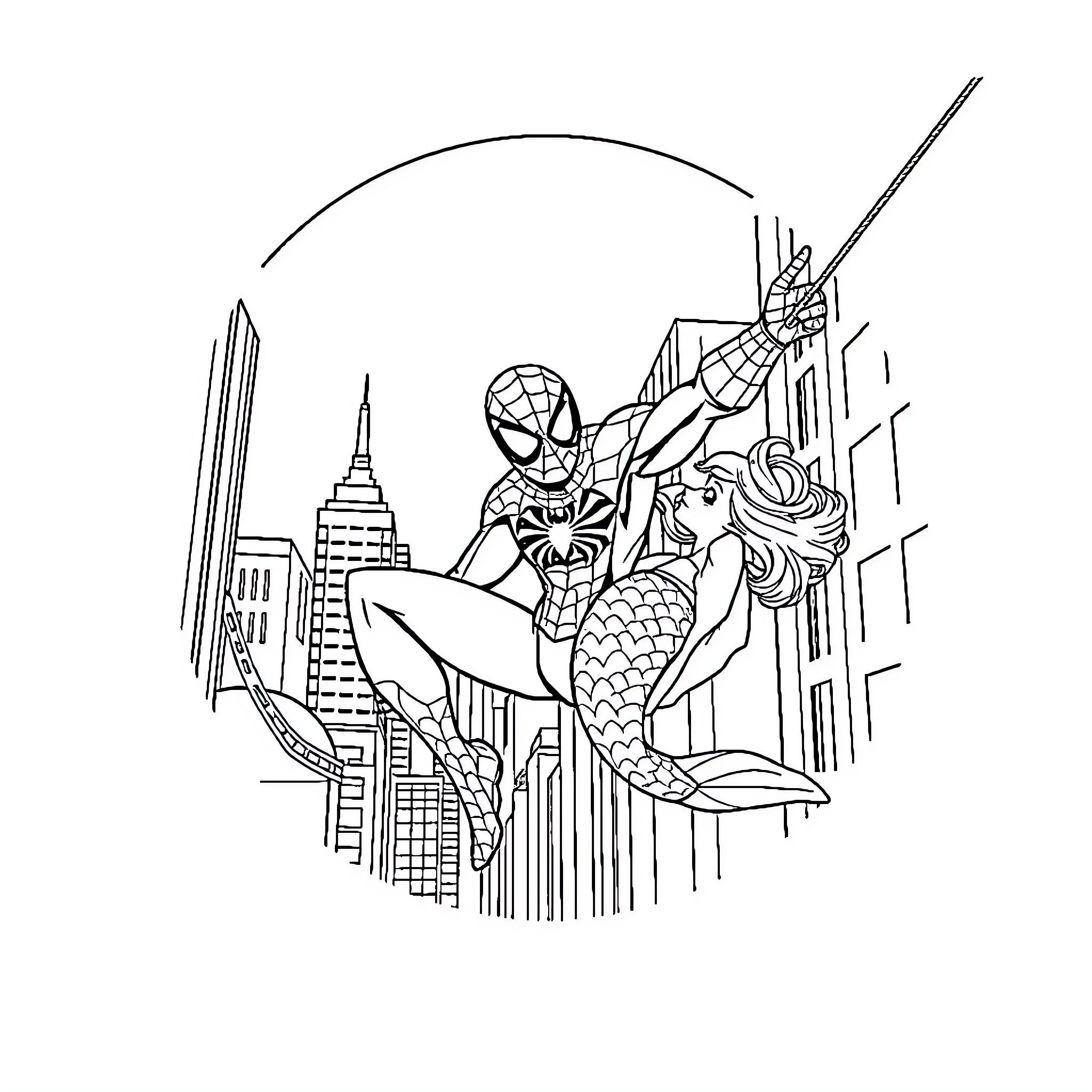 Spiderman swinging through the city skyline Coloring Page (free black-and-white line drawing printable PDF for all, from beginners to advanced learners, including children, teens, adults, and seniors)