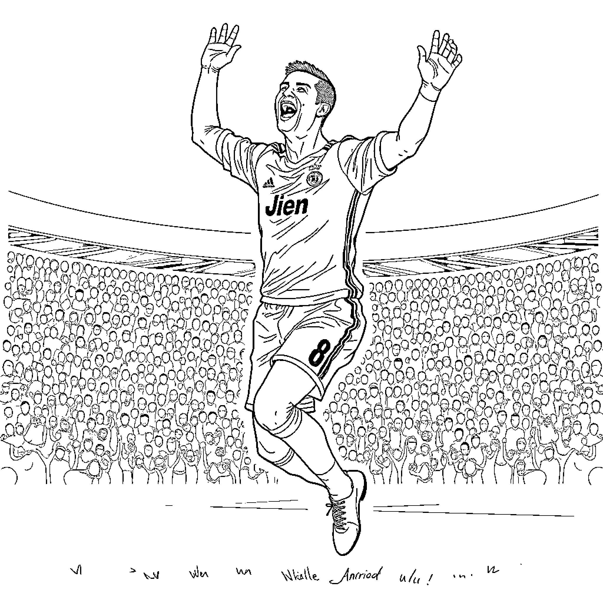 Cristiano Ronaldo celebrating on the field Coloring Page (free black-and-white line drawing printable PDF for all, from beginners to advanced learners, including children, teens, adults, and seniors)