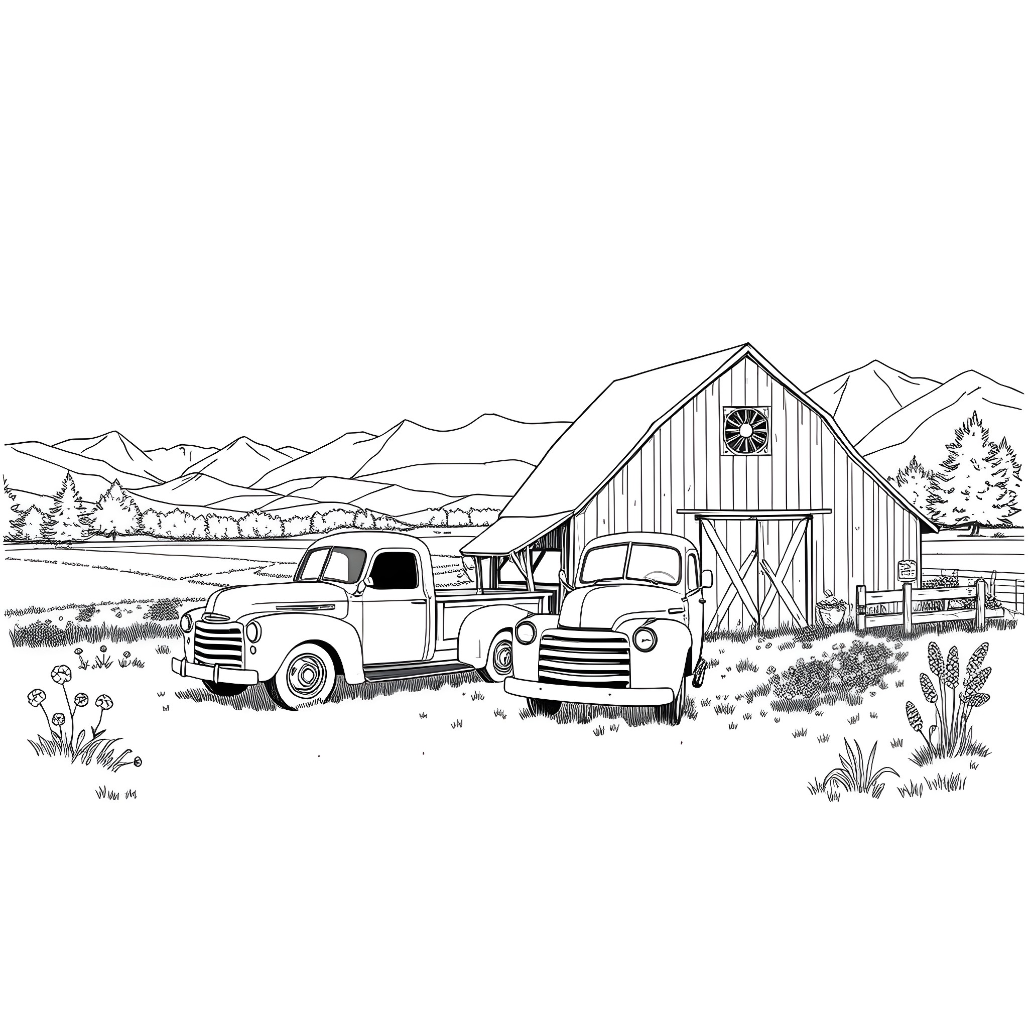 Truck parked by an old barn in a countryside landscape Coloring Page (free black-and-white line drawing printable PDF for all, from beginners to advanced learners, including children, teens, adults, and seniors)