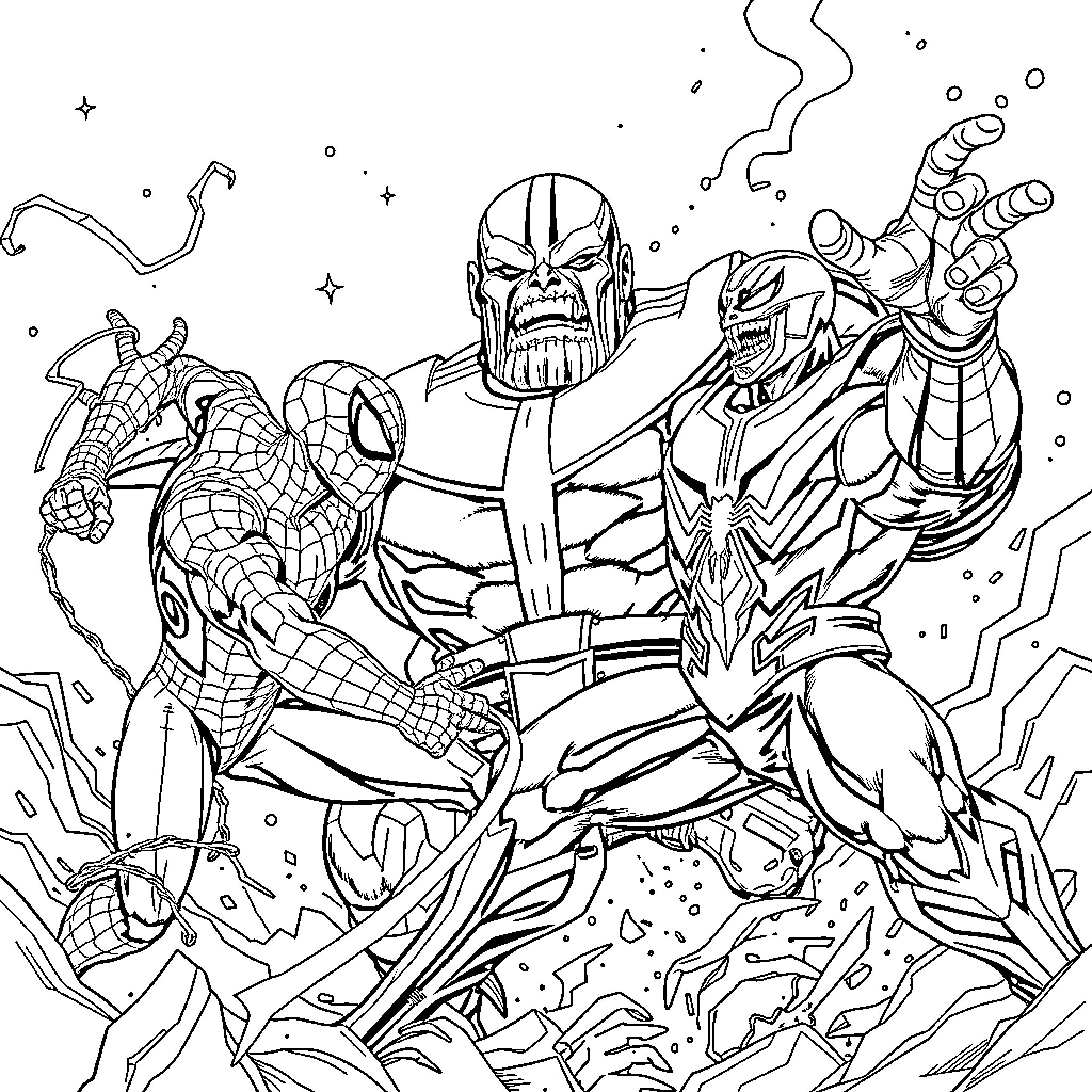 Spiderman battling Thanos in an epic showdown Coloring Page (free black-and-white line drawing printable PDF for all, from beginners to advanced learners, including children, teens, adults, and seniors)