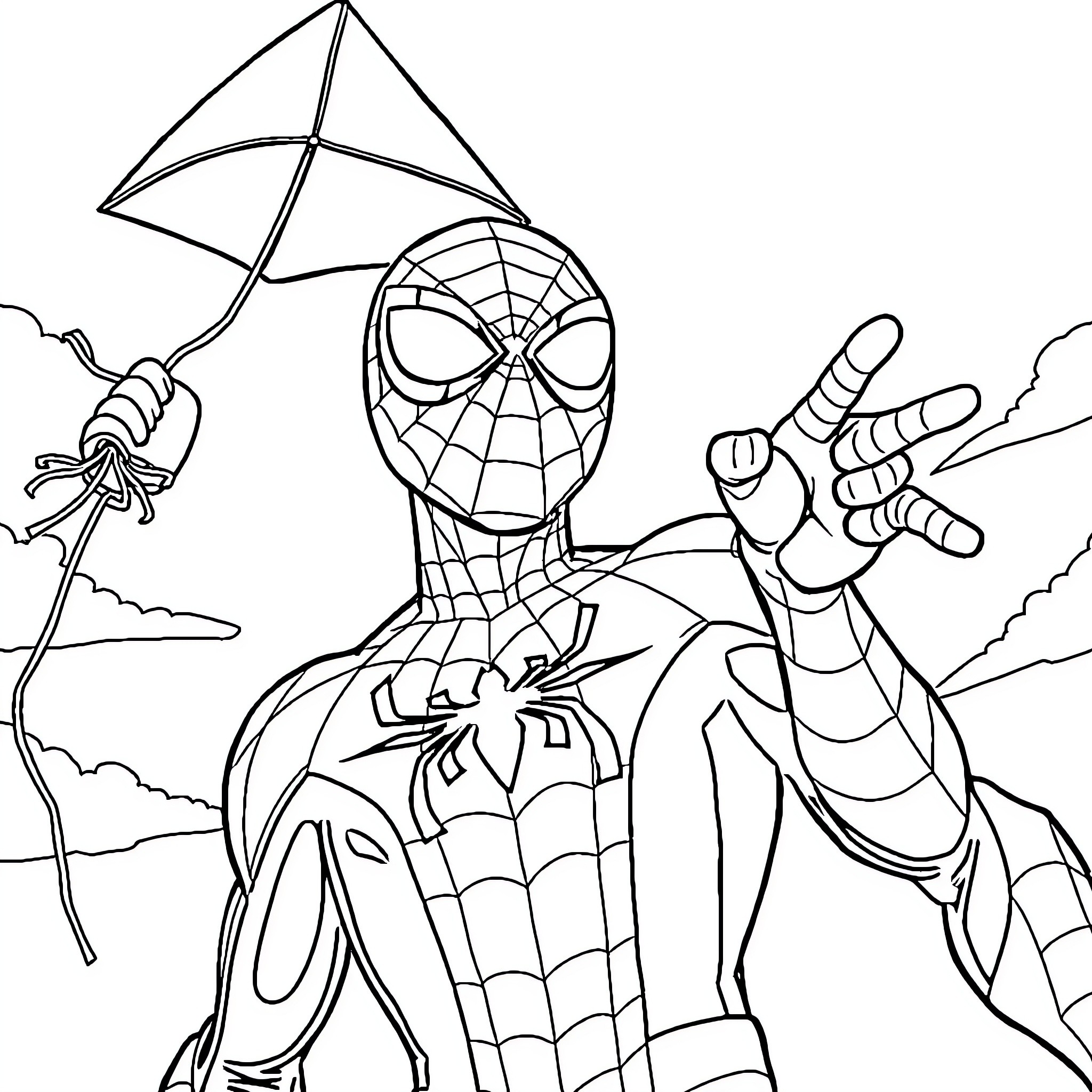 Spiderman swinging and flying a kite in the sky Coloring Page (free black-and-white line drawing printable PDF for all, from beginners to advanced learners, including children, teens, adults, and seniors)