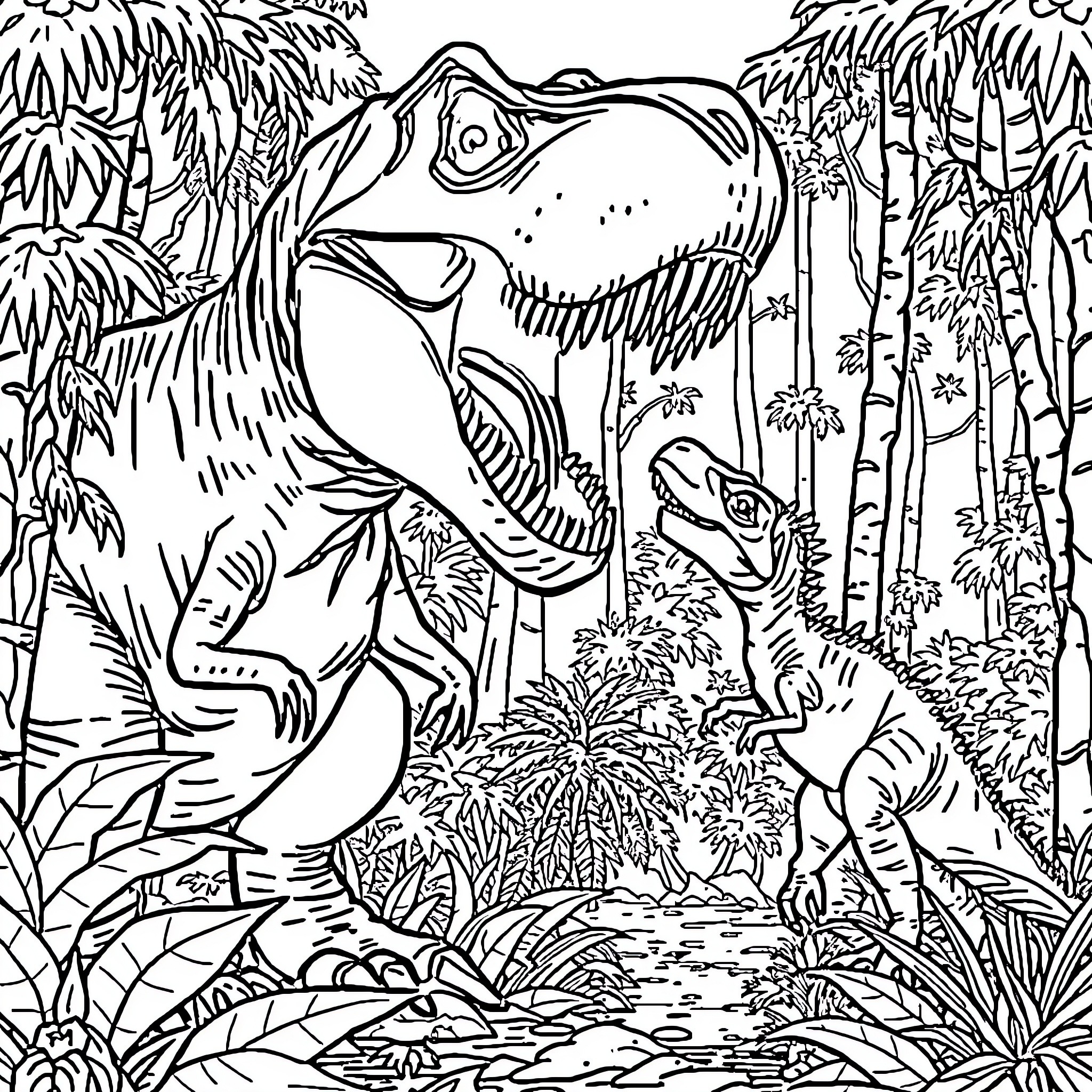 T-Rex Roaring in Lush Jungle Landscape Coloring Page (free black-and-white line drawing printable PDF for all, from beginners to advanced learners, including children, teens, adults, and seniors)