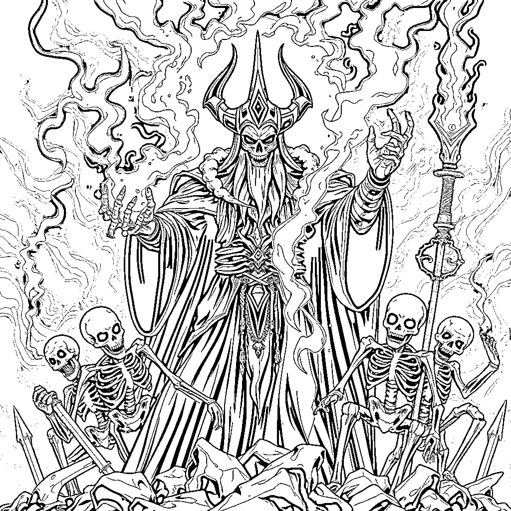 Lich commanding undead forces in eerie ritual Coloring Page (free black-and-white line drawing printable PDF for all, from beginners to advanced learners, including children, teens, adults, and seniors)