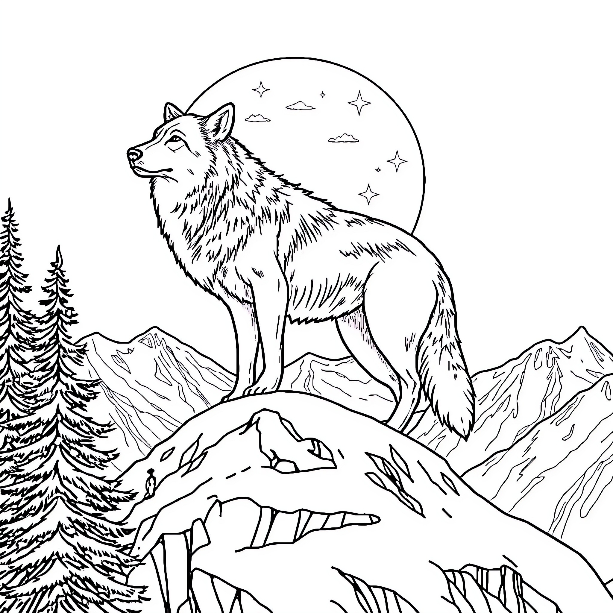 Wolf standing majestically under the night sky Coloring Page (free black-and-white line drawing printable PDF for all, from beginners to advanced learners, including children, teens, adults, and seniors)