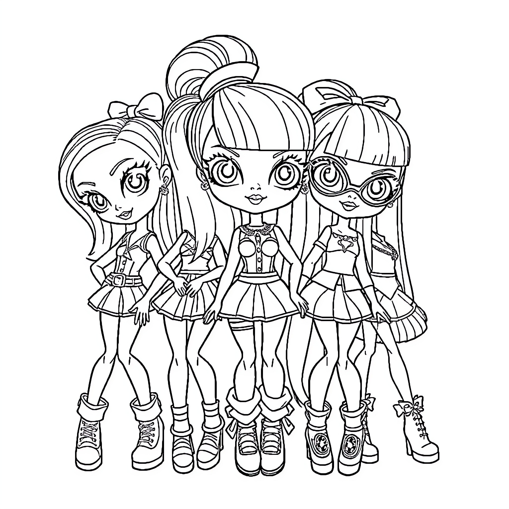 Bratz dolls posing together in stylish outfits Coloring Page (free black-and-white line drawing printable PDF for all, from beginners to advanced learners, including children, teens, adults, and seniors)
