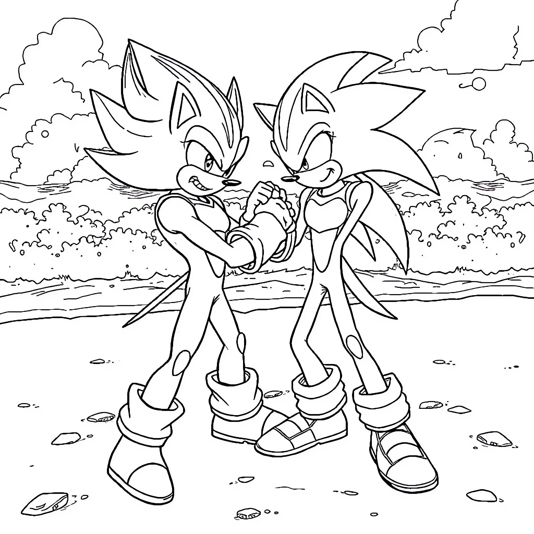 Vegeta characters in a friendly interaction Coloring Page (free black-and-white line drawing printable PDF for all, from beginners to advanced learners, including children, teens, adults, and seniors)