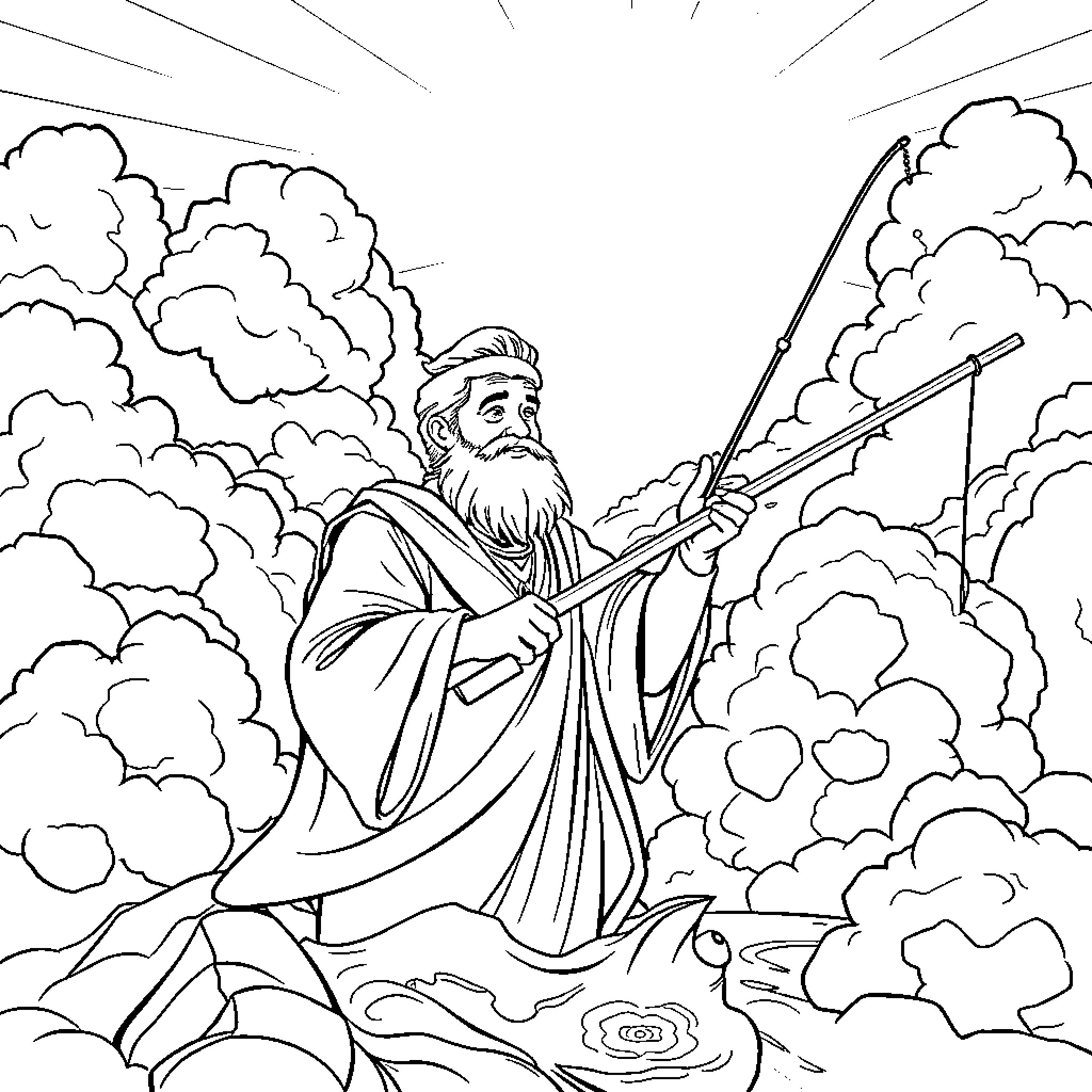 Father in clouds wielding staff with purpose Coloring Page (free black-and-white line drawing printable PDF for all, from beginners to advanced learners, including children, teens, adults, and seniors)