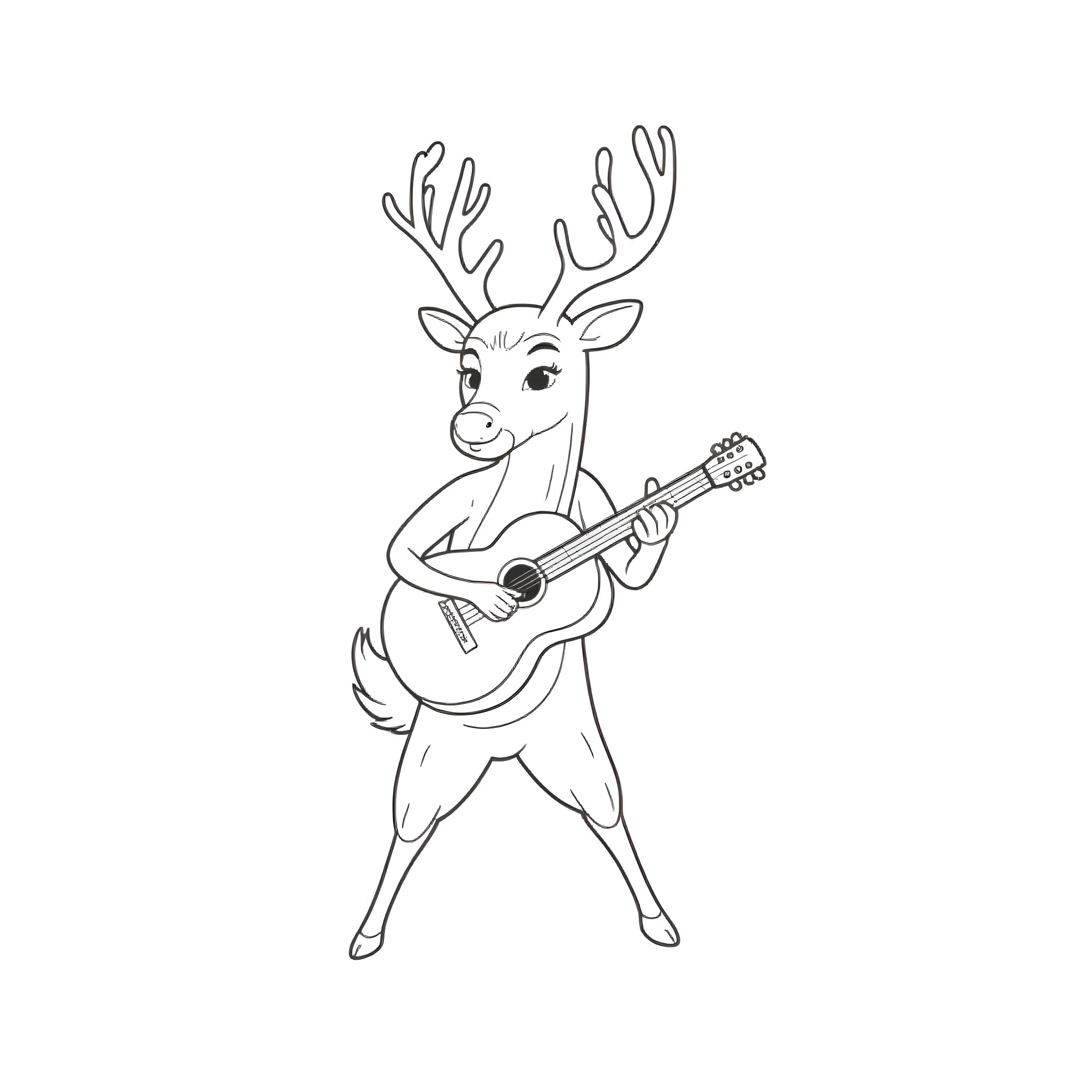 Deer playing guitar in a fun pose Coloring Page (free black-and-white line drawing printable PDF for all, from beginners to advanced learners, including children, teens, adults, and seniors)