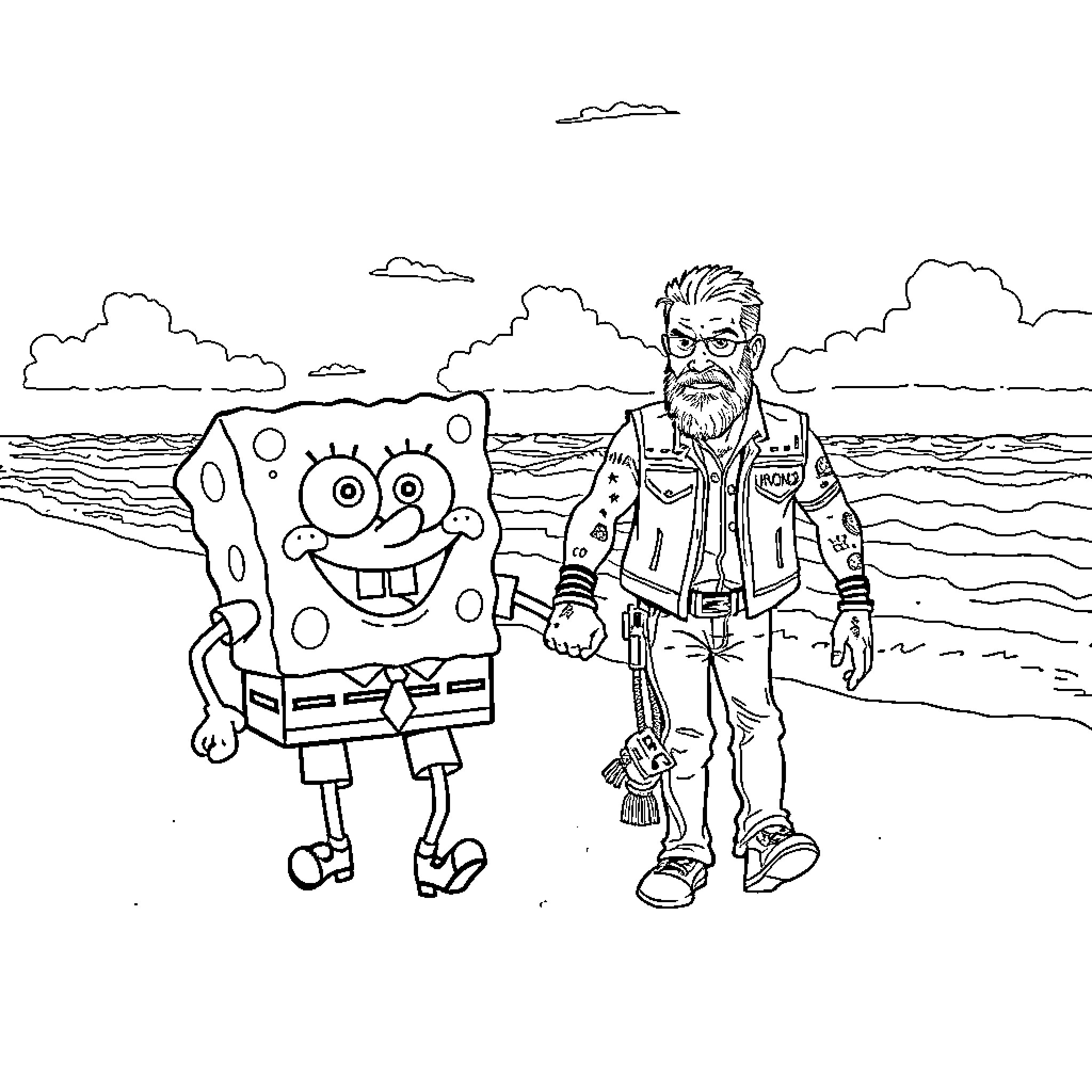 Spongebob and tough guy on the beach Coloring Page (free black-and-white line drawing printable PDF for all, from beginners to advanced learners, including children, teens, adults, and seniors)