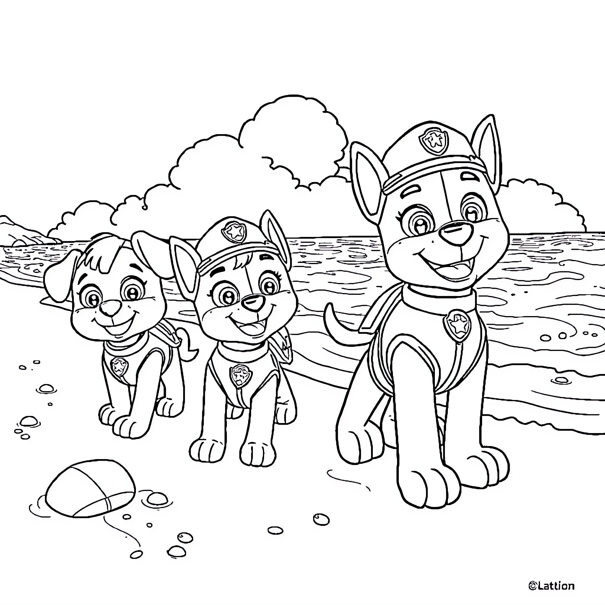Paw Patrol pups on the beach in uniform Coloring Page (free black-and-white line drawing printable PDF for all, from beginners to advanced learners, including children, teens, adults, and seniors)