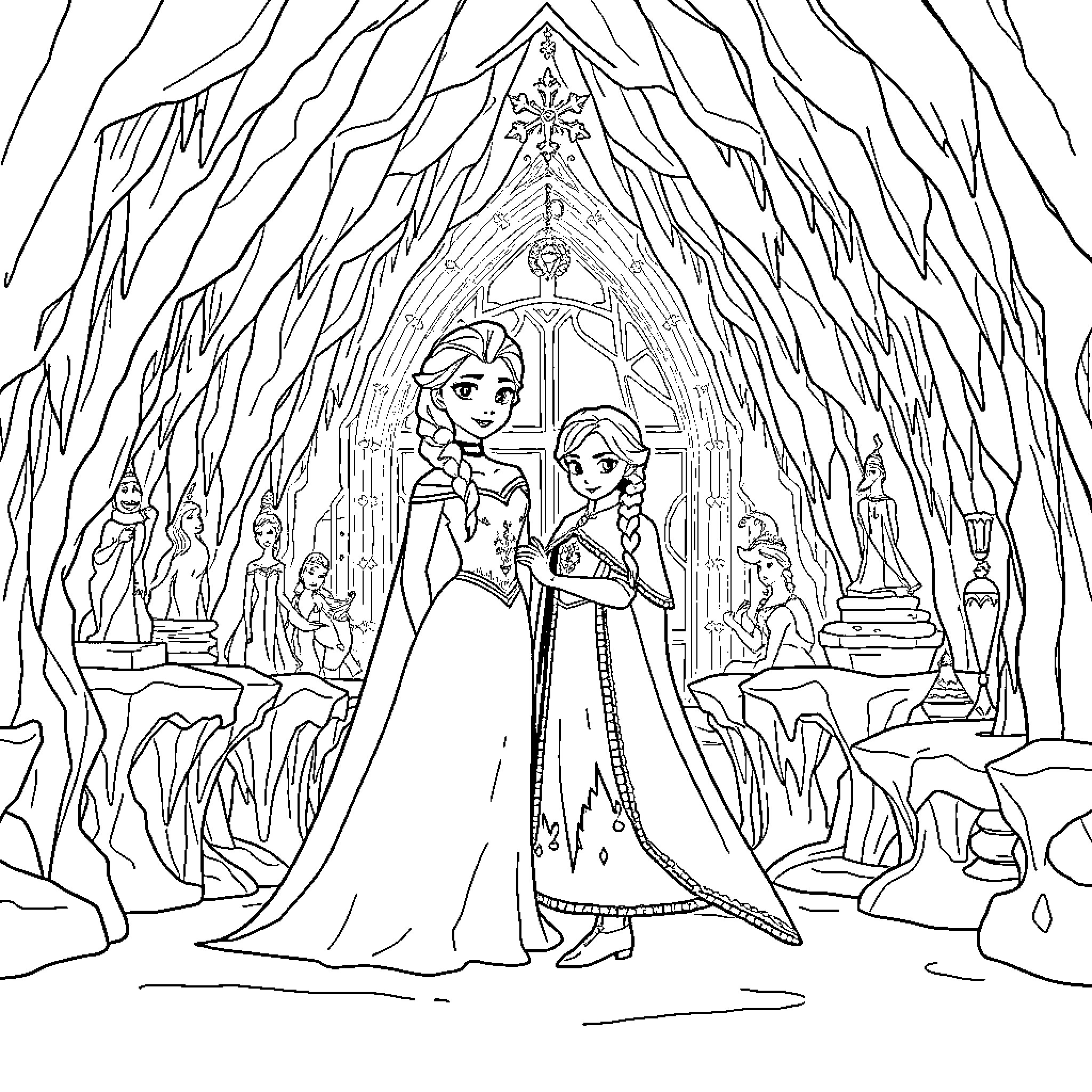 Elsa and Anna's Royal Coronation Ceremony Coloring Page (free black-and-white line drawing printable PDF for all, from beginners to advanced learners, including children, teens, adults, and seniors)