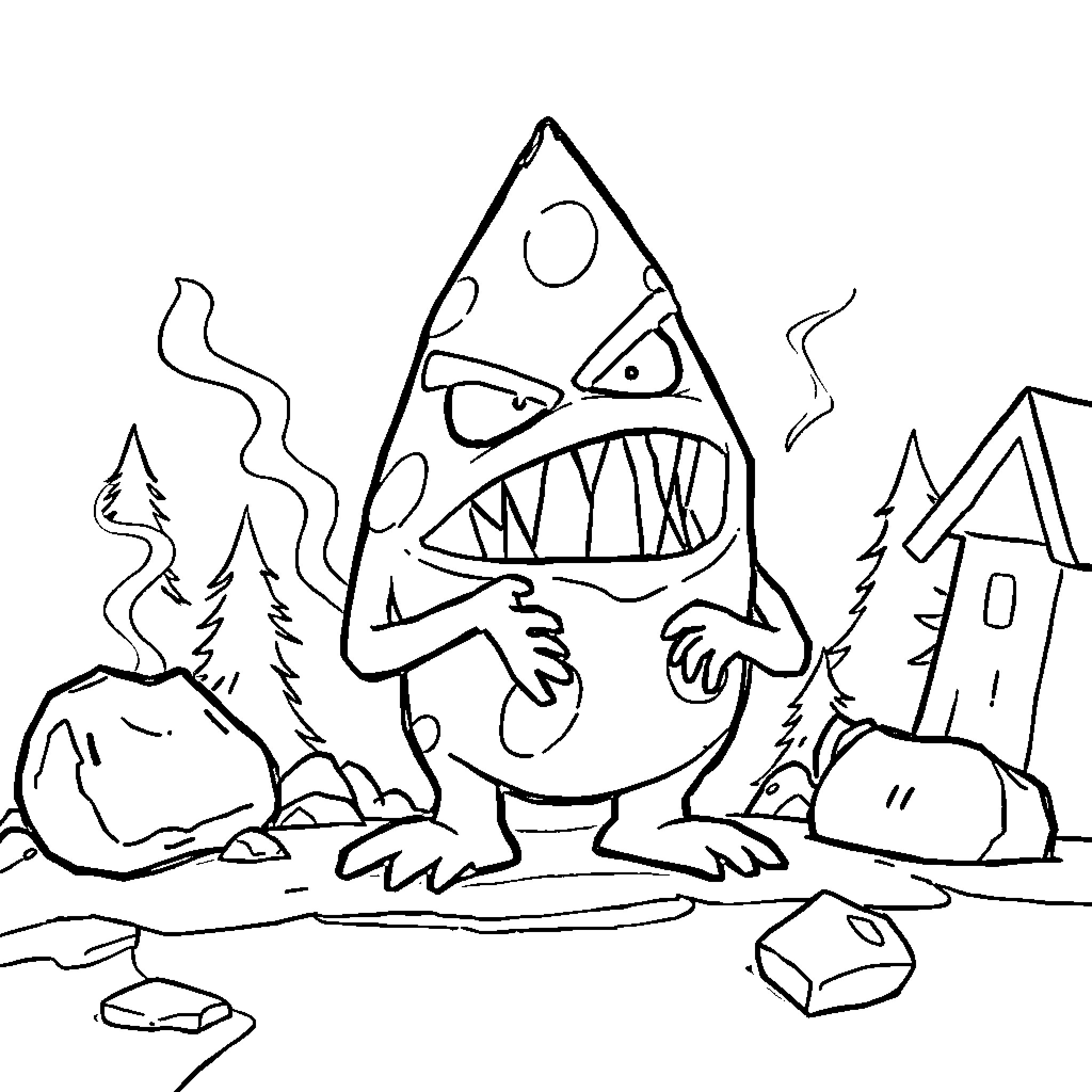 Bill Cipher as a Menacing Creature in the Wilderness Coloring Page (free black-and-white line drawing printable PDF for all, from beginners to advanced learners, including children, teens, adults, and seniors)