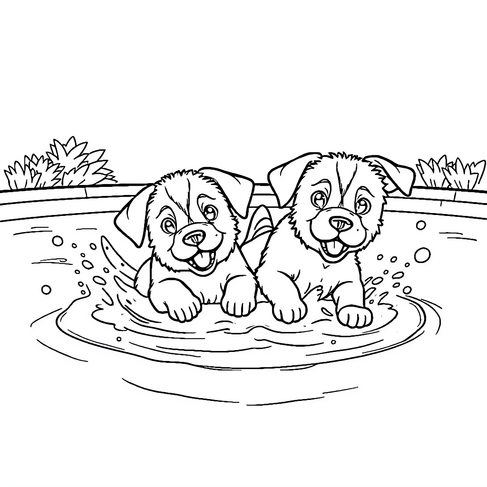 Puppy Playful Pals in Refreshing Pool Coloring Page (free black-and-white line drawing printable PDF for all, from beginners to advanced learners, including children, teens, adults, and seniors)