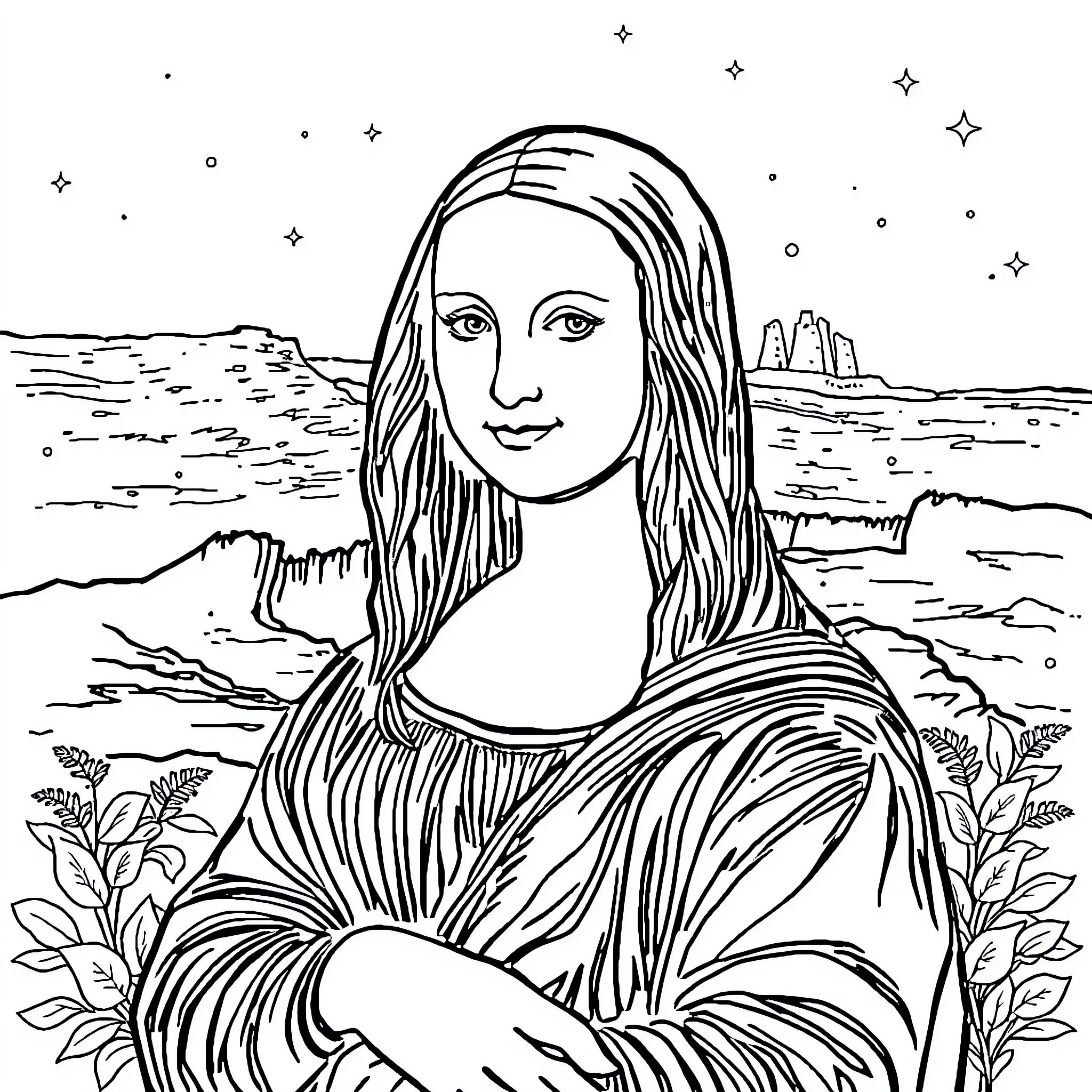 Mona Lisa in a starry landscape Coloring Page (free black-and-white line drawing printable PDF for all, from beginners to advanced learners, including children, teens, adults, and seniors)