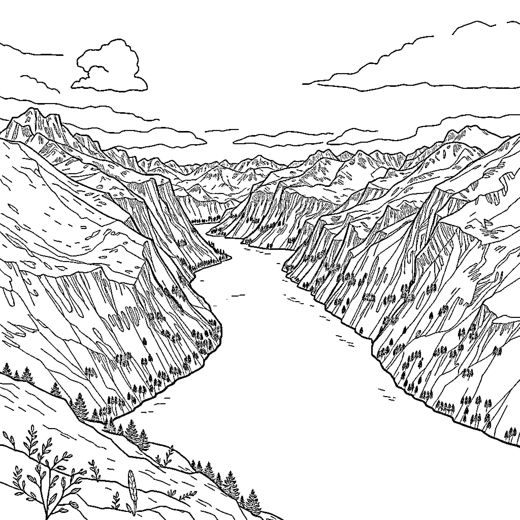 Norway's majestic mountain landscape with winding river Coloring Page (free black-and-white line drawing printable PDF for all, from beginners to advanced learners, including children, teens, adults, and seniors)