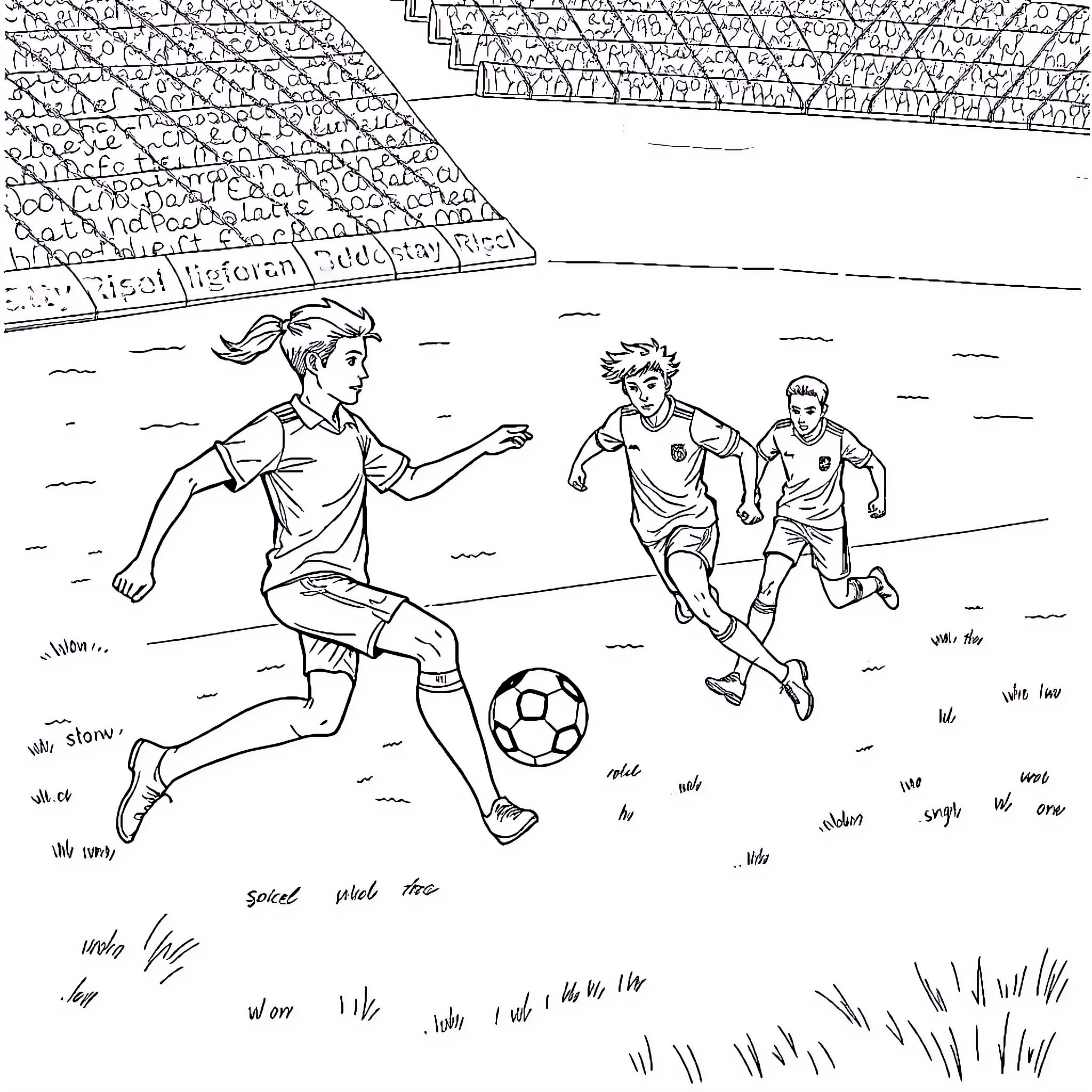 Soccer players competing in a stadium match Coloring Page (free black-and-white line drawing printable PDF for all, from beginners to advanced learners, including children, teens, adults, and seniors)