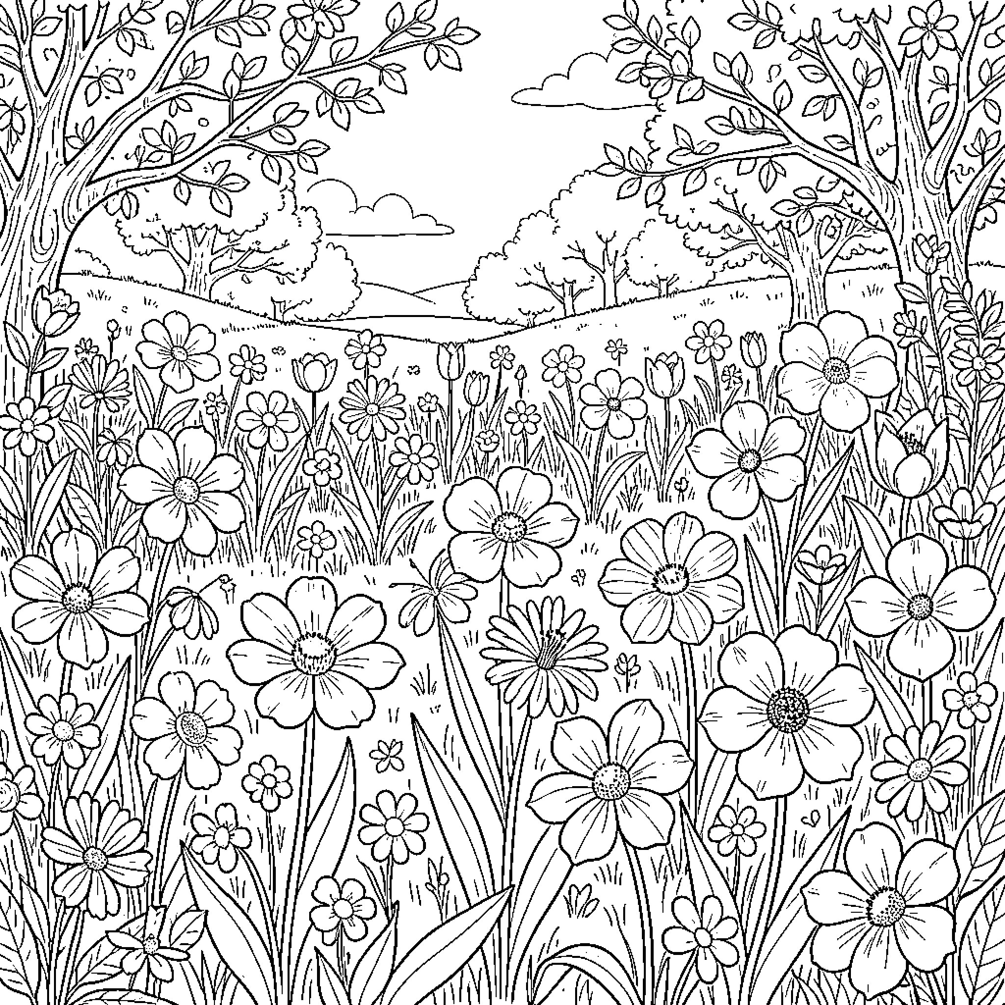Flower Garden with Blossoming Flowers and Scenic Landscape Coloring Page (free black-and-white line drawing printable PDF for all, from beginners to advanced learners, including children, teens, adults, and seniors)
