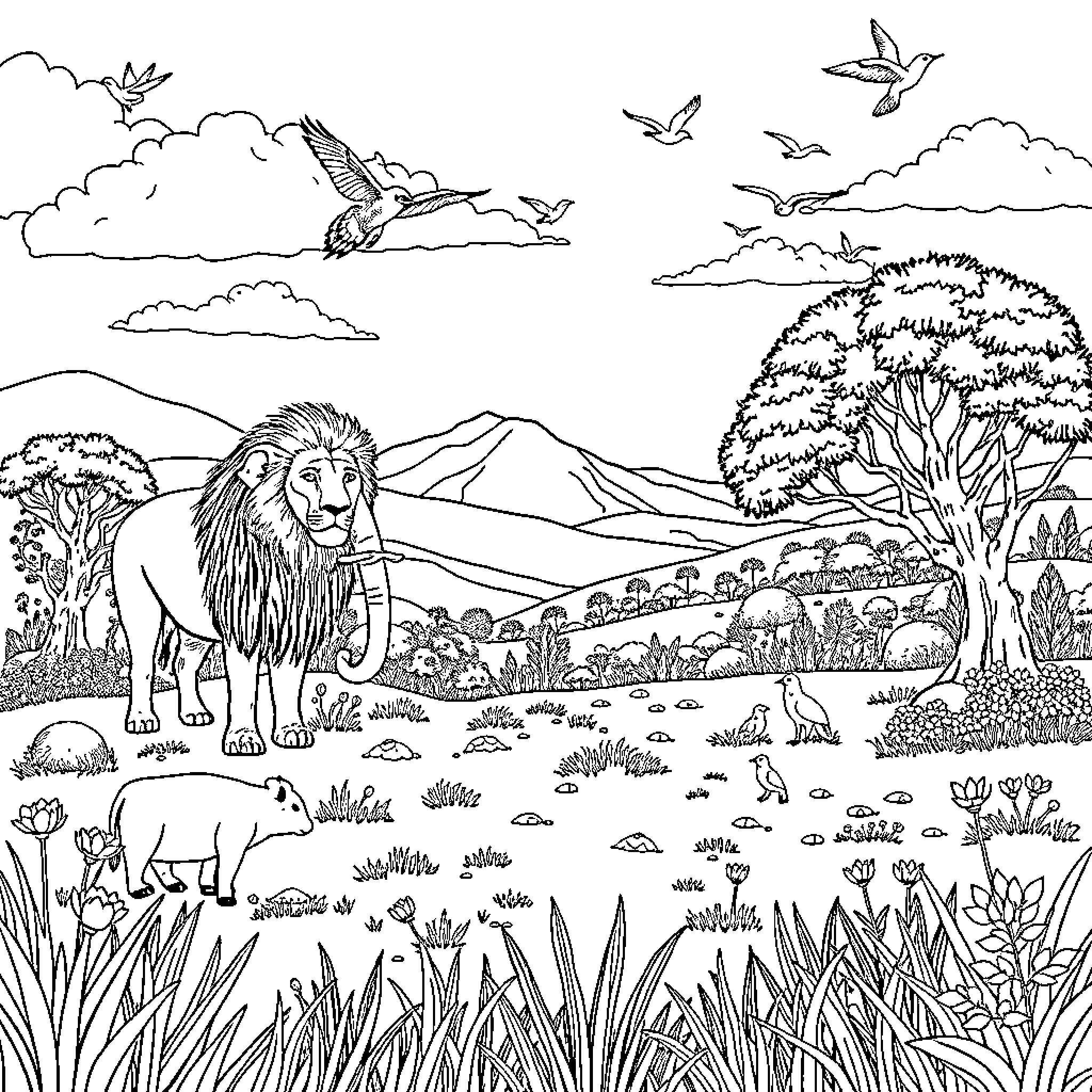 Paisaje con animales y naturaleza Coloring Page (free black-and-white line drawing printable PDF for all, from beginners to advanced learners, including children, teens, adults, and seniors)