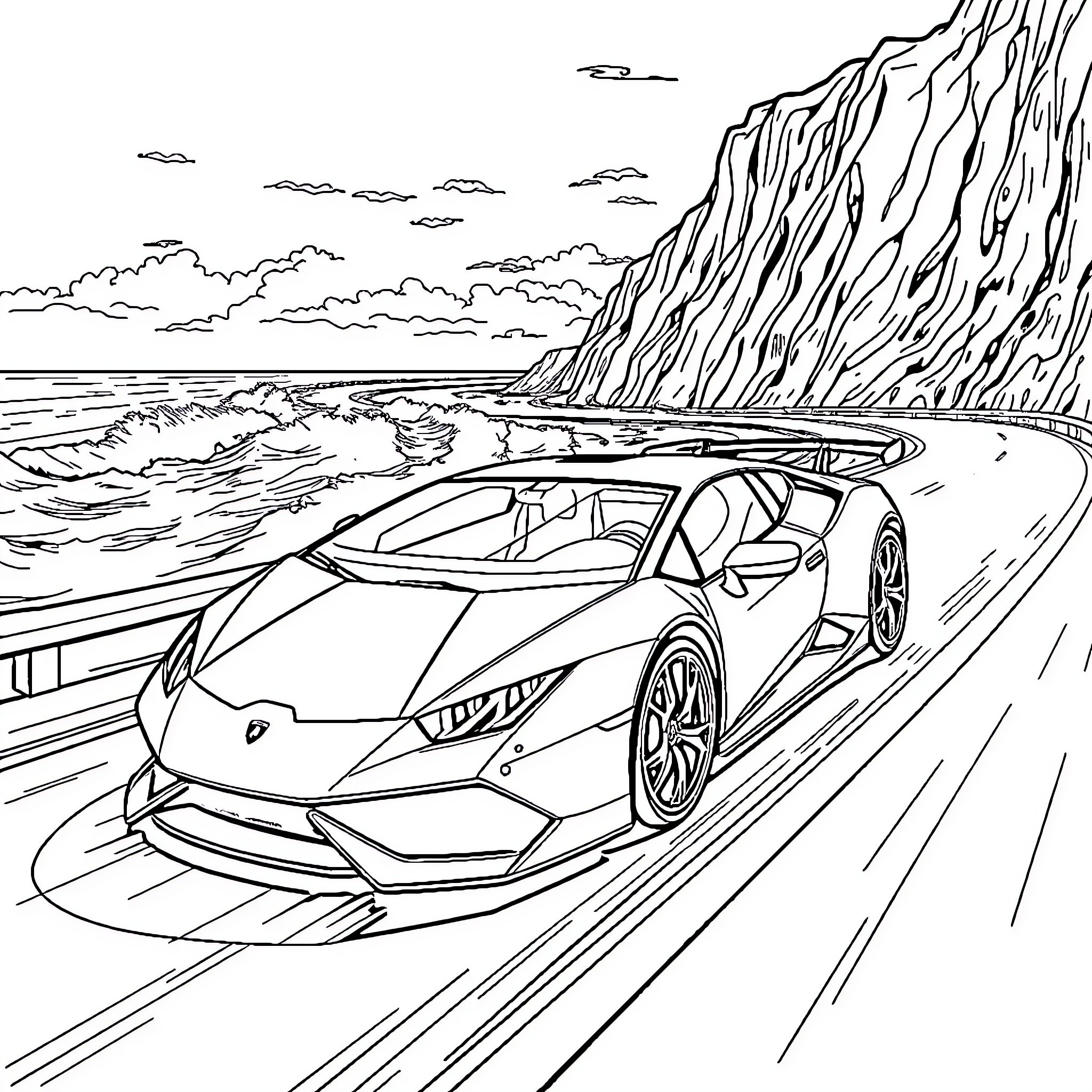 Lamborghini speeding through a coastal landscape Coloring Page (free black-and-white line drawing printable PDF for all, from beginners to advanced learners, including children, teens, adults, and seniors)