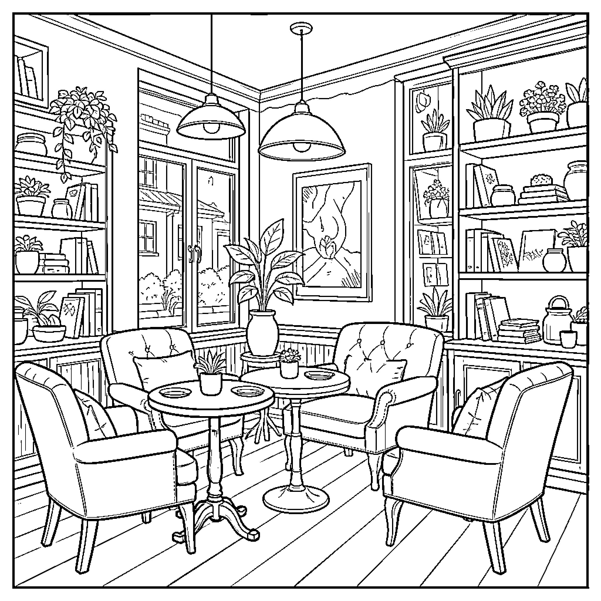 Cafe with Cozy Decor and Furniture Coloring Page (free black-and-white line drawing printable PDF for all, from beginners to advanced learners, including children, teens, adults, and seniors)