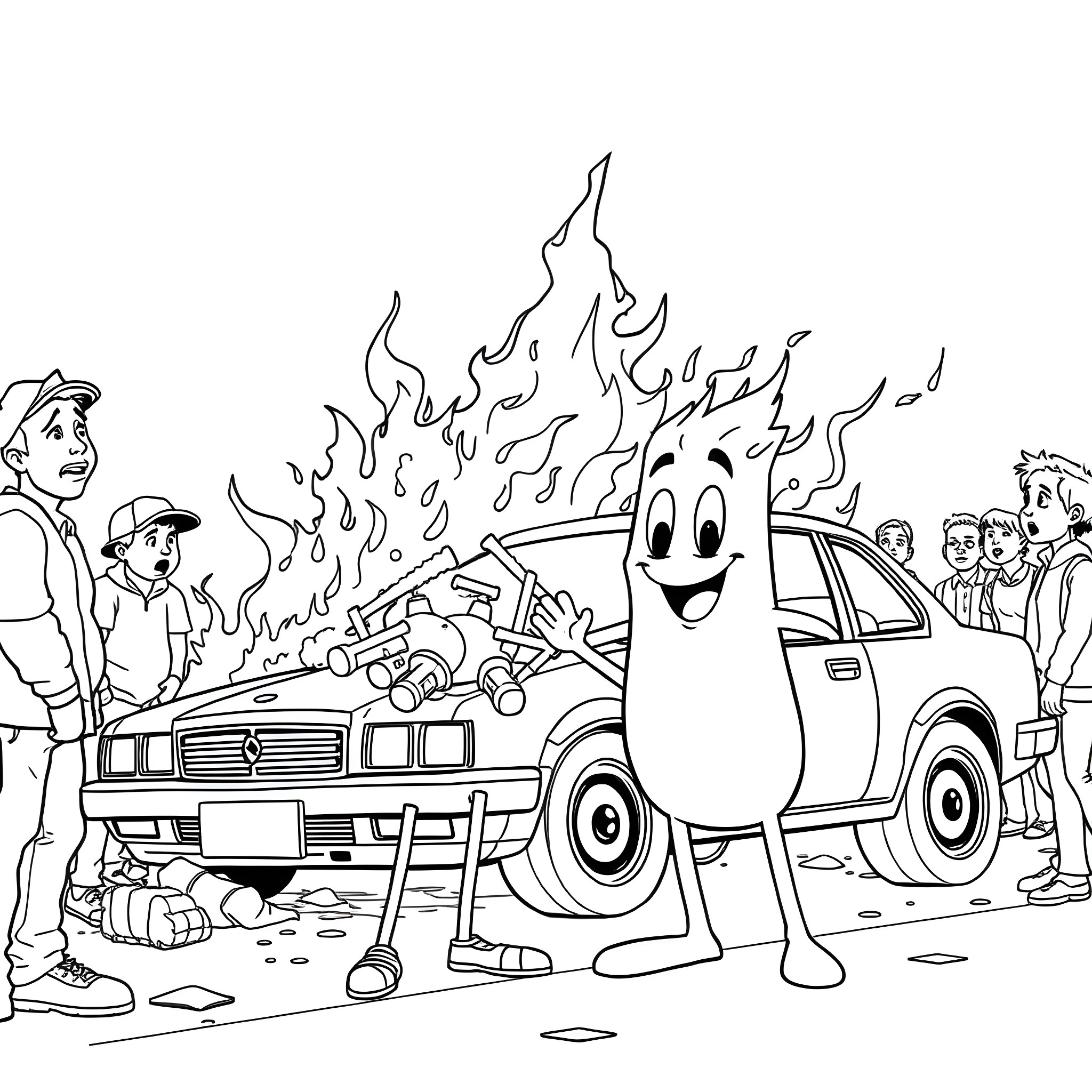 Blippi Explores Crashed Cars and Firefighting Coloring Page (free black-and-white line drawing printable PDF for all, from beginners to advanced learners, including children, teens, adults, and seniors)