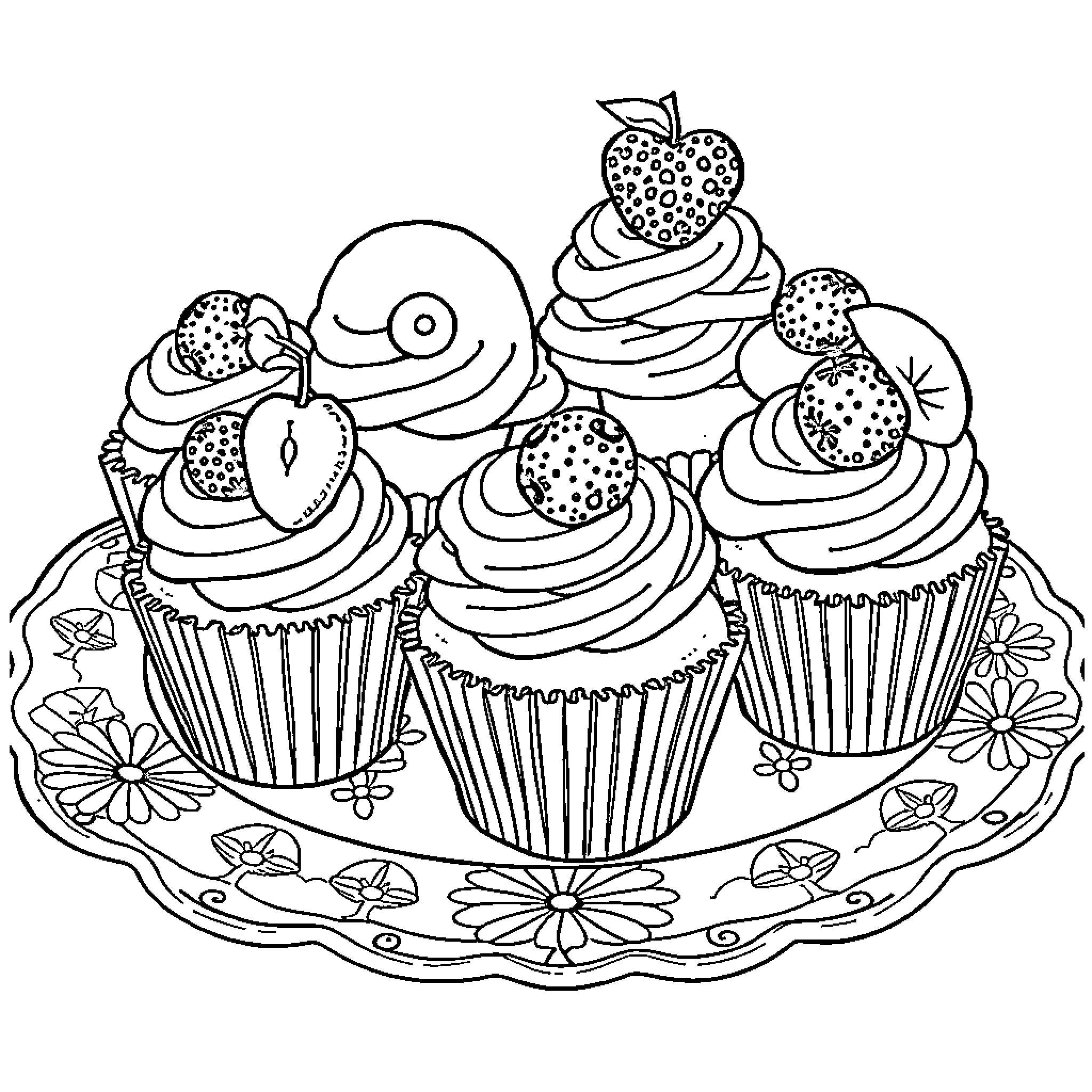 Cupcakes with decorative patterns and toppings Coloring Page (free black-and-white line drawing printable PDF for all, from beginners to advanced learners, including children, teens, adults, and seniors)