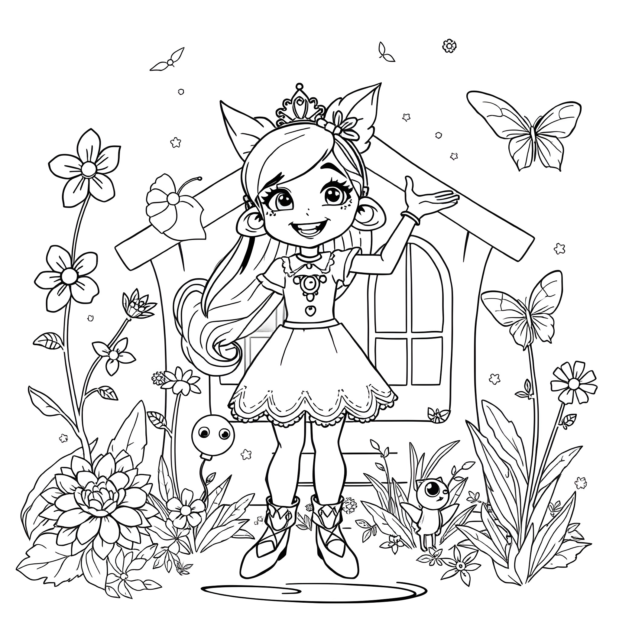 Mirabel's Enchanted Garden Adventure Coloring Page (free black-and-white line drawing printable PDF for all, from beginners to advanced learners, including children, teens, adults, and seniors)