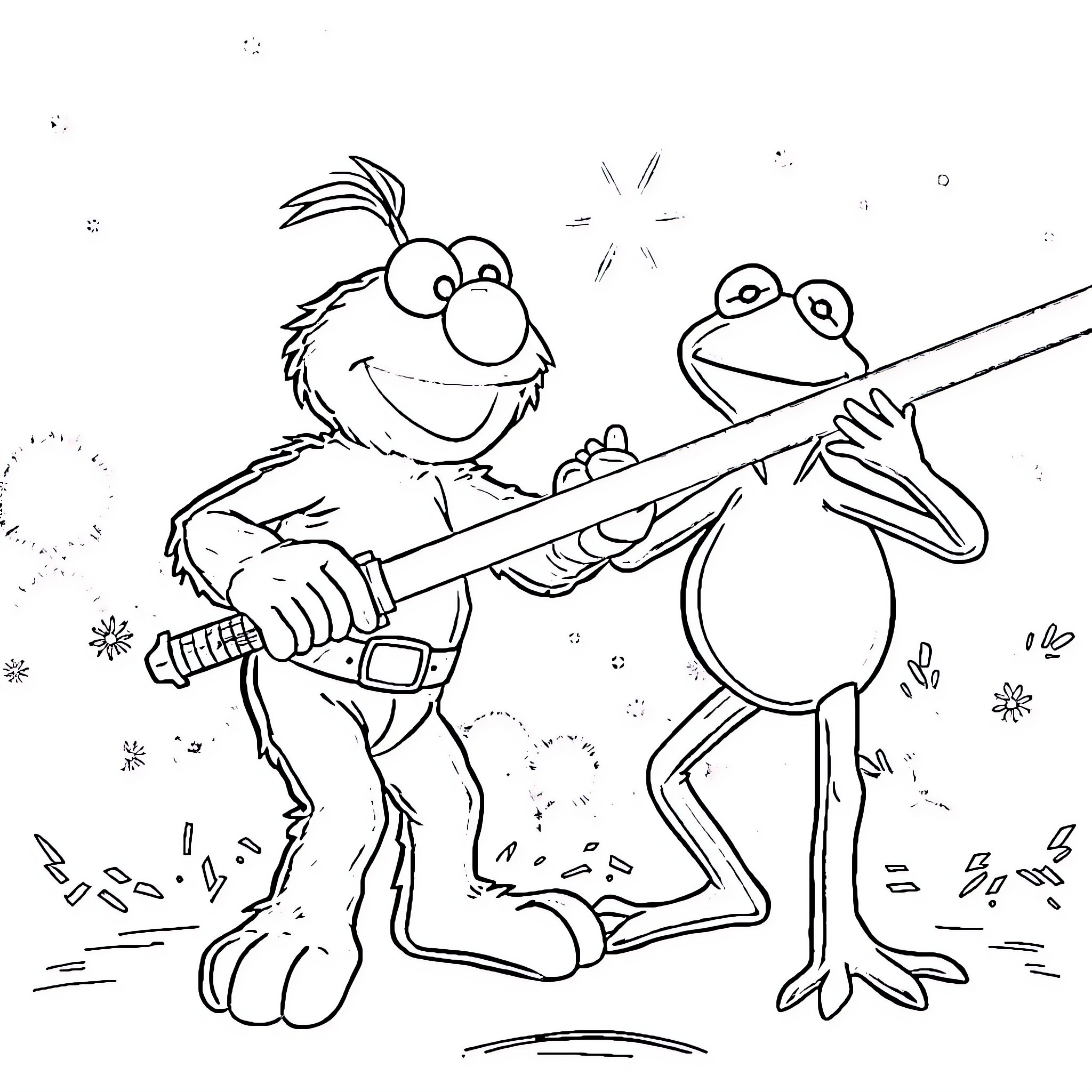 Elmo and Frog friends playing together happily Coloring Page (free black-and-white line drawing printable PDF for all, from beginners to advanced learners, including children, teens, adults, and seniors)
