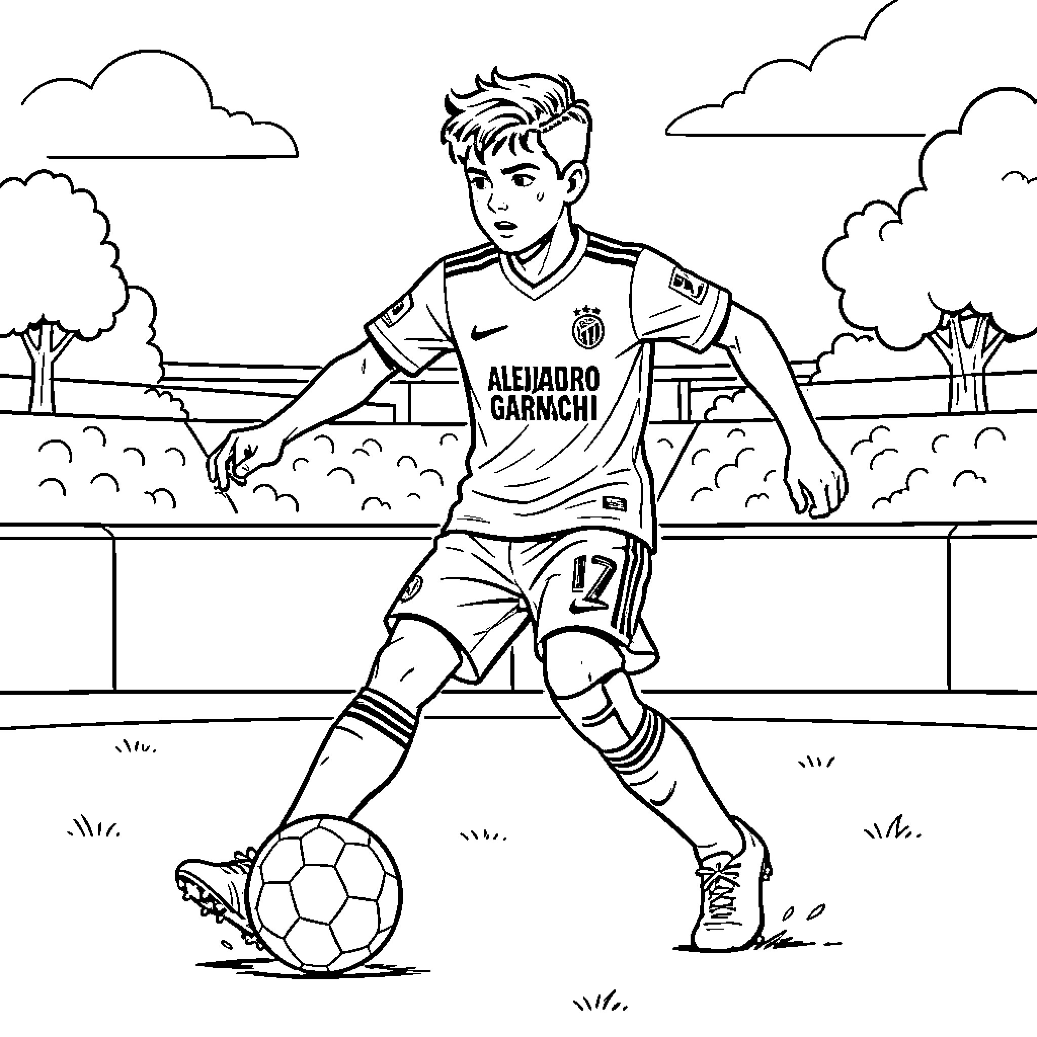 Alejandro Garnacho dribbling a soccer ball on the field Coloring Page (free black-and-white line drawing printable PDF for all, from beginners to advanced learners, including children, teens, adults, and seniors)