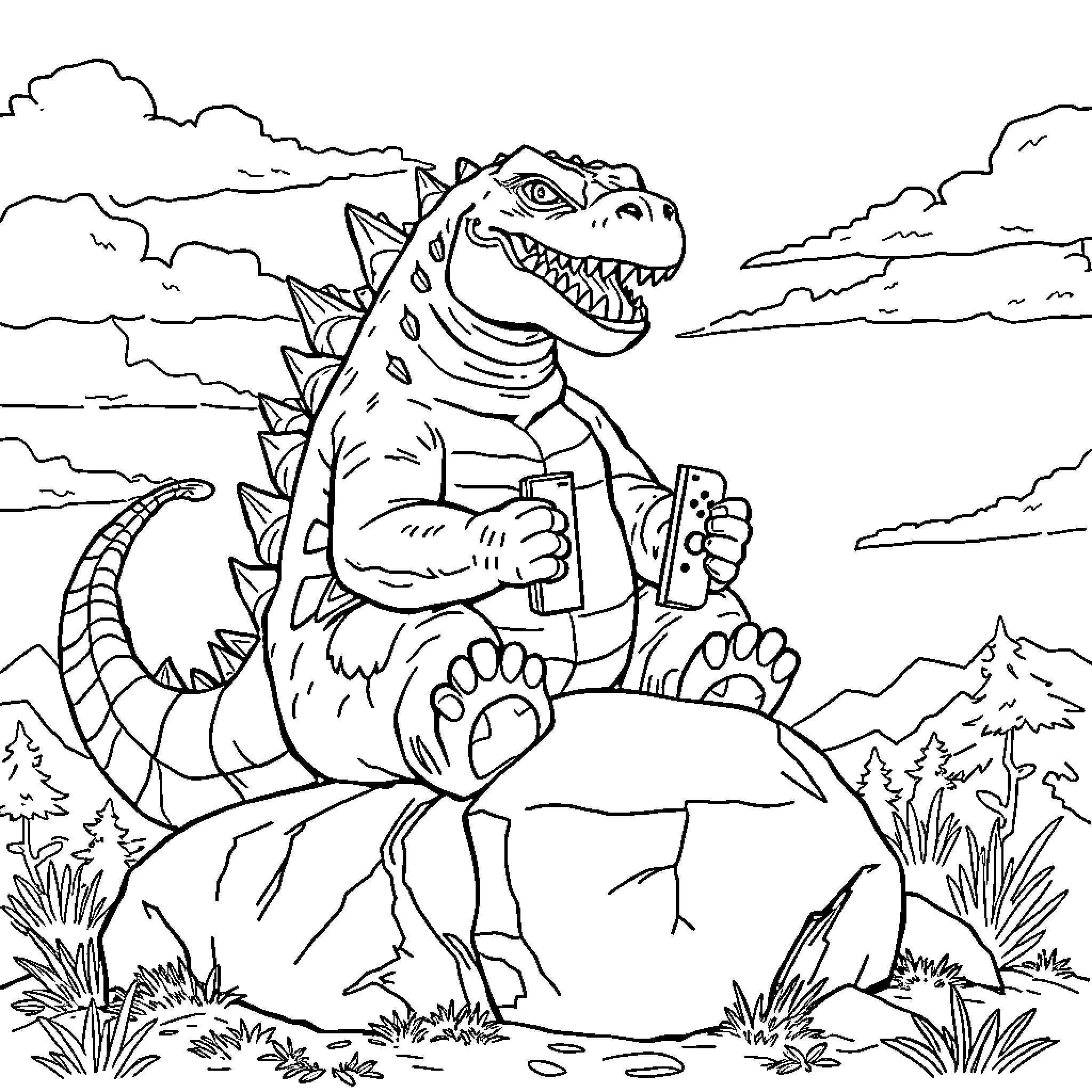 Godzilla stomping through a forest landscape Coloring Page (free black-and-white line drawing printable PDF for all, from beginners to advanced learners, including children, teens, adults, and seniors)