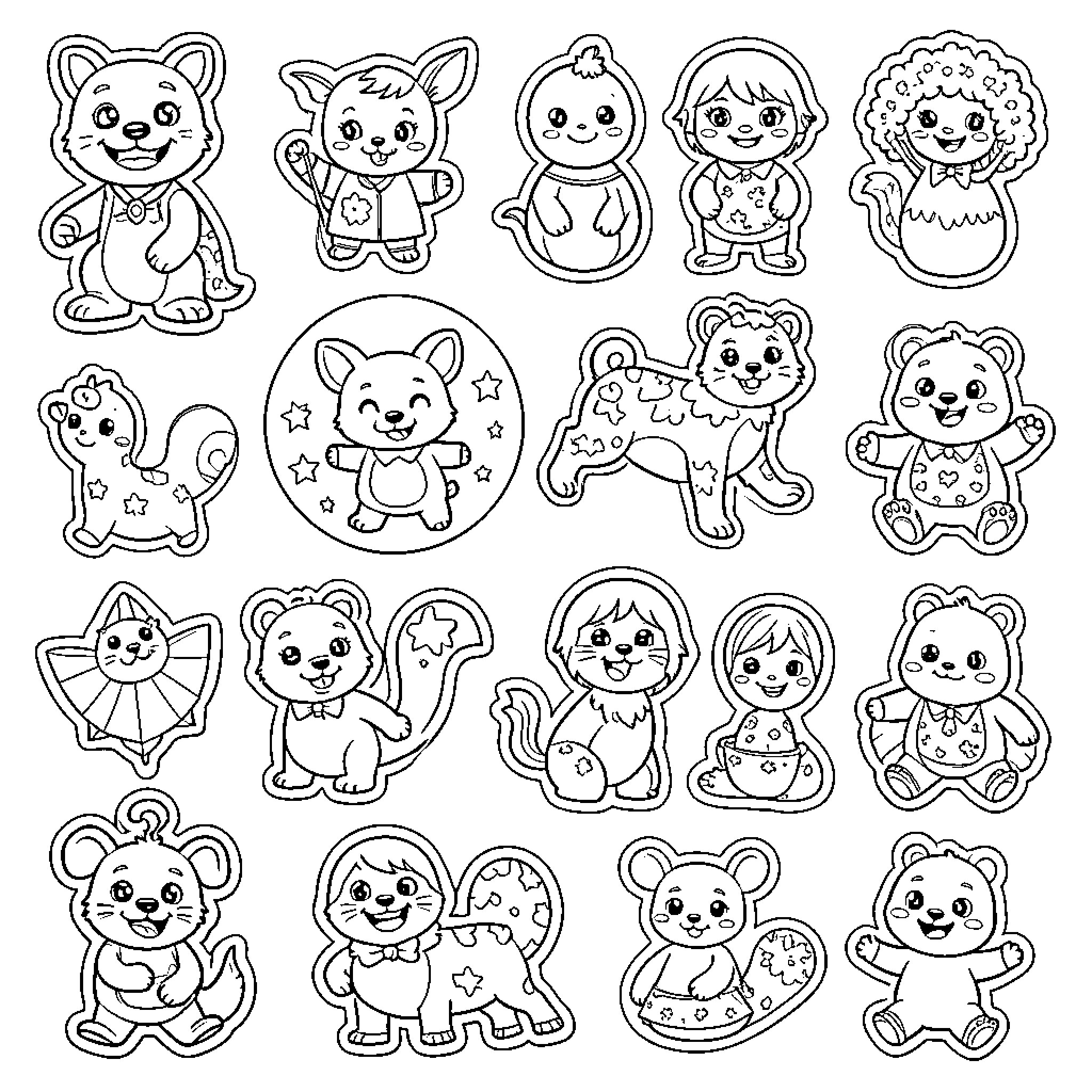 Owl and various cute forest animals smiling happily Coloring Page (free black-and-white line drawing printable PDF for all, from beginners to advanced learners, including children, teens, adults, and seniors)