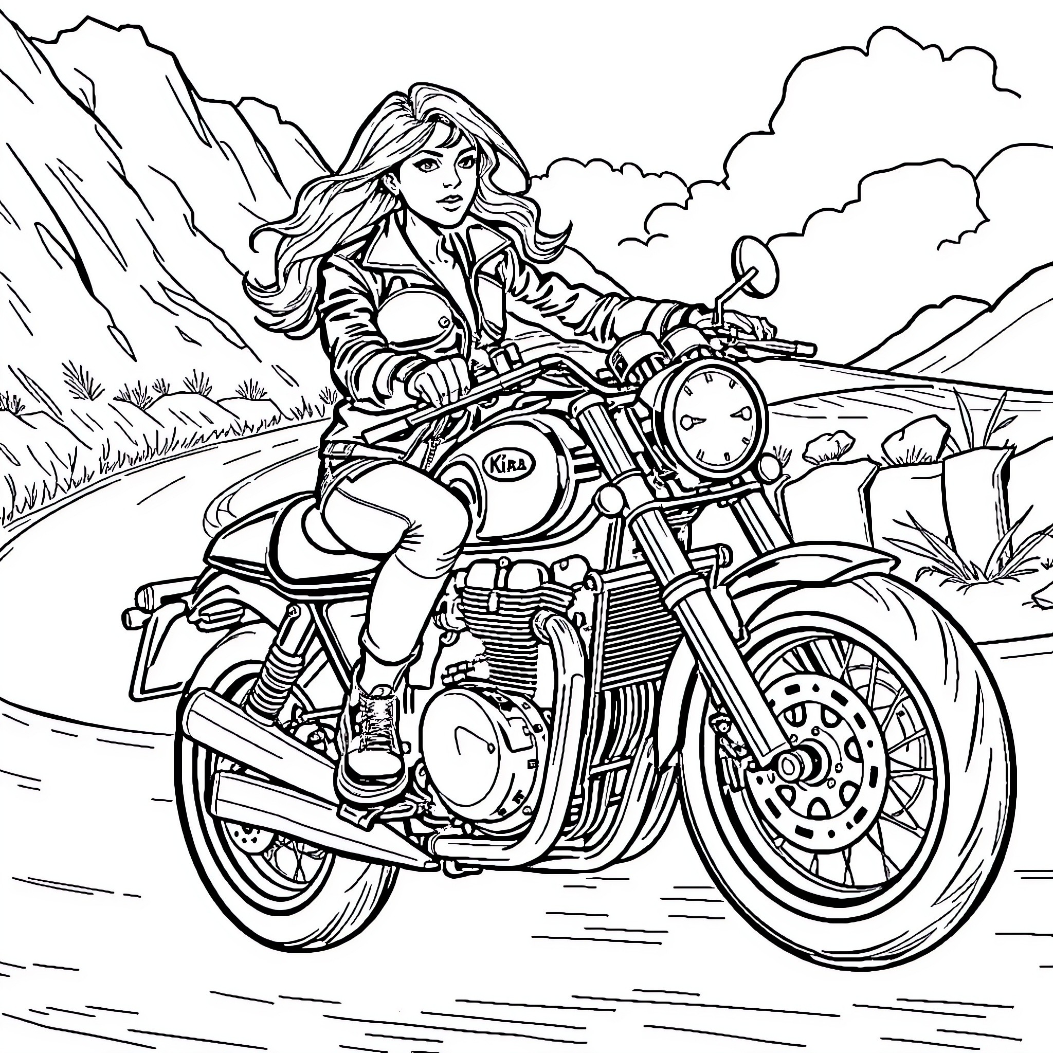 Girl riding powerful motorcycle on scenic road Coloring Page (free black-and-white line drawing printable PDF for all, from beginners to advanced learners, including children, teens, adults, and seniors)