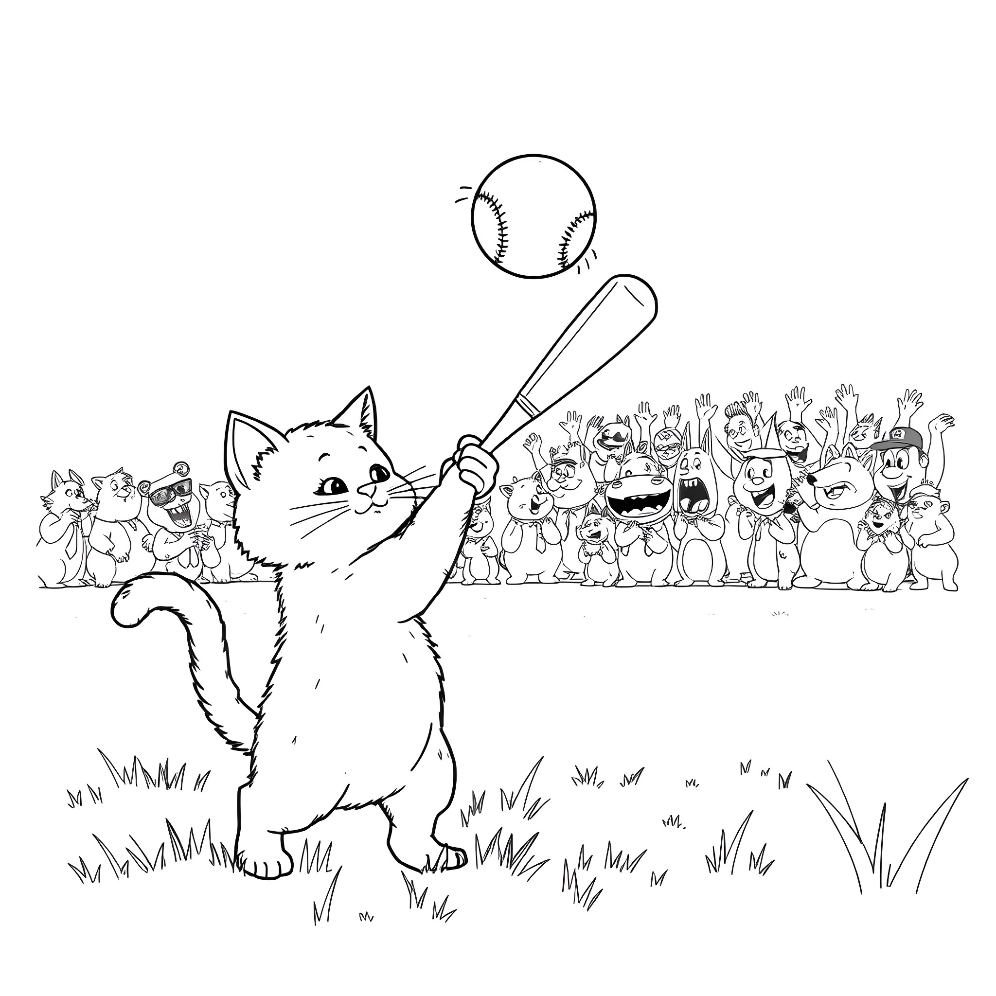 Cat playing baseball with cartoon characters Coloring Page (free black-and-white line drawing printable PDF for all, from beginners to advanced learners, including children, teens, adults, and seniors)