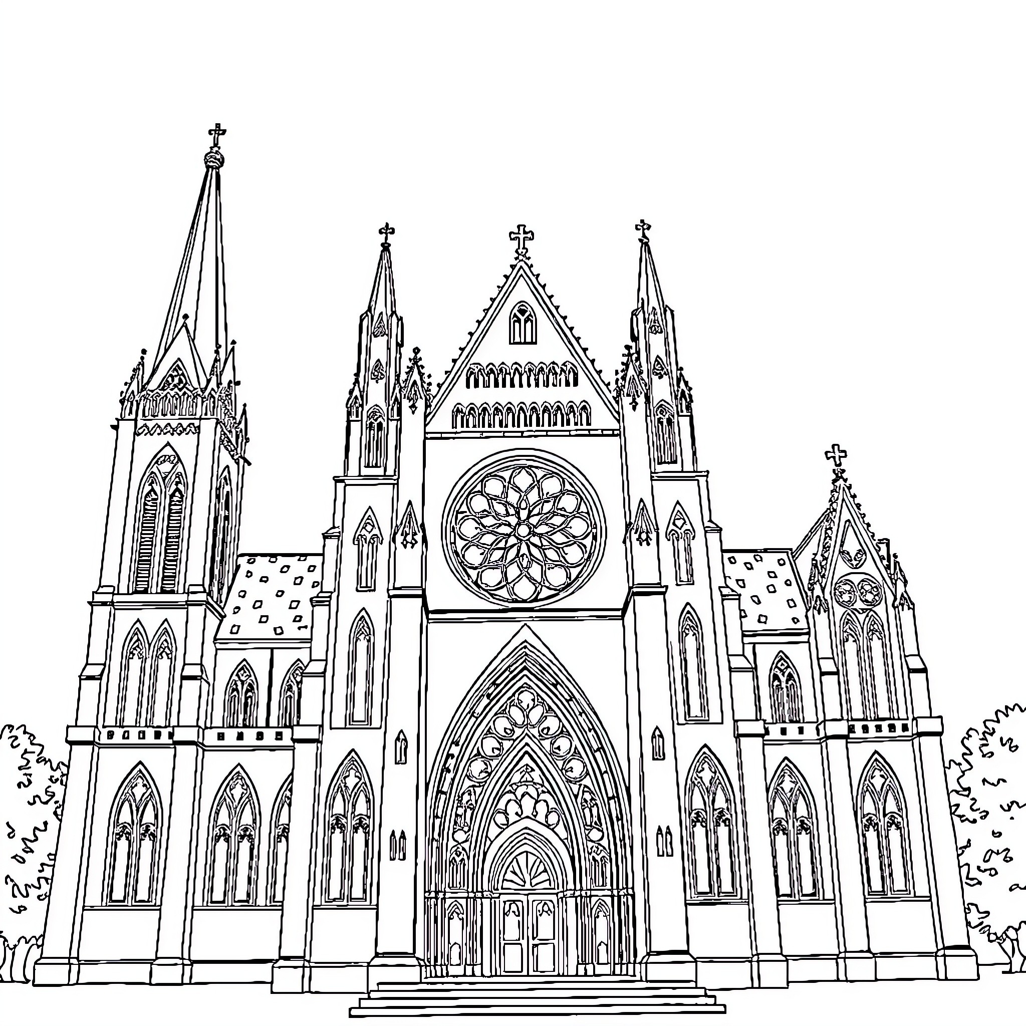 Cathedral with Gothic architectural details Coloring Page (free black-and-white line drawing printable PDF for all, from beginners to advanced learners, including children, teens, adults, and seniors)