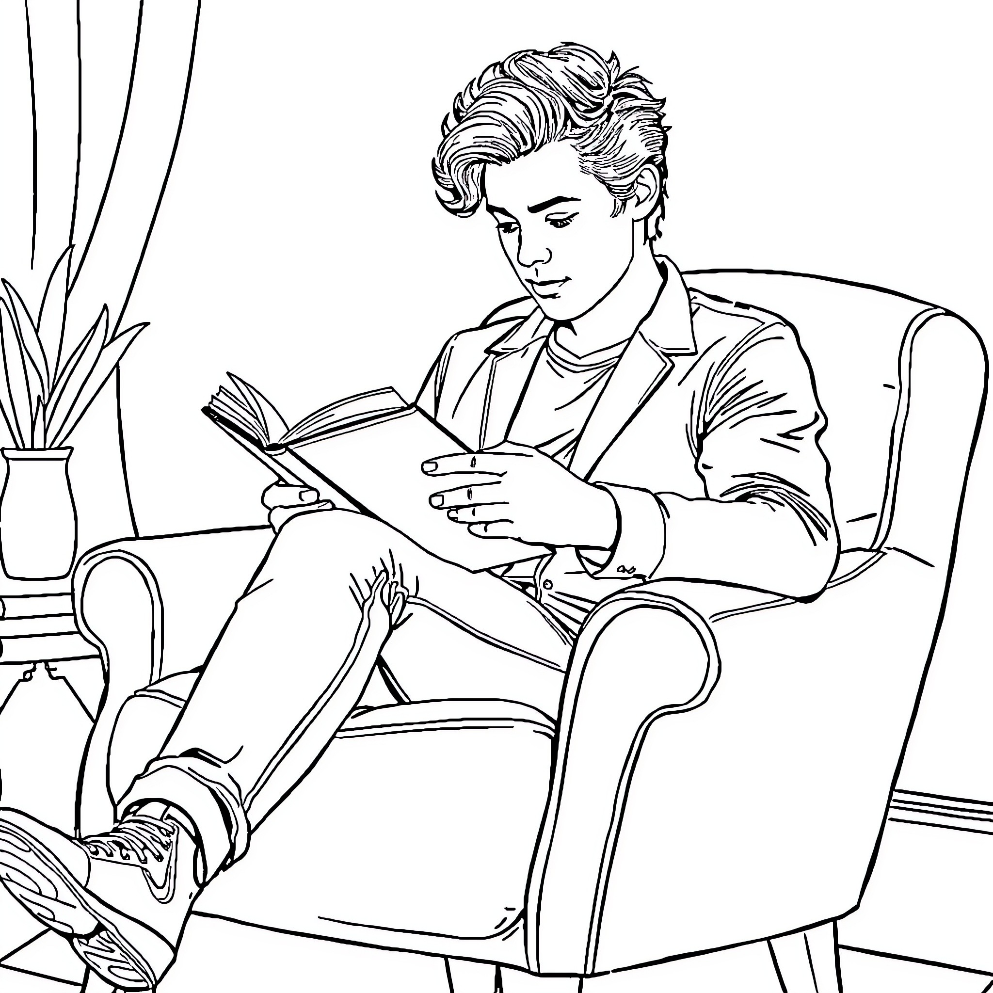 Harry Styles intently reading a book in an armchair Coloring Page (free black-and-white line drawing printable PDF for all, from beginners to advanced learners, including children, teens, adults, and seniors)