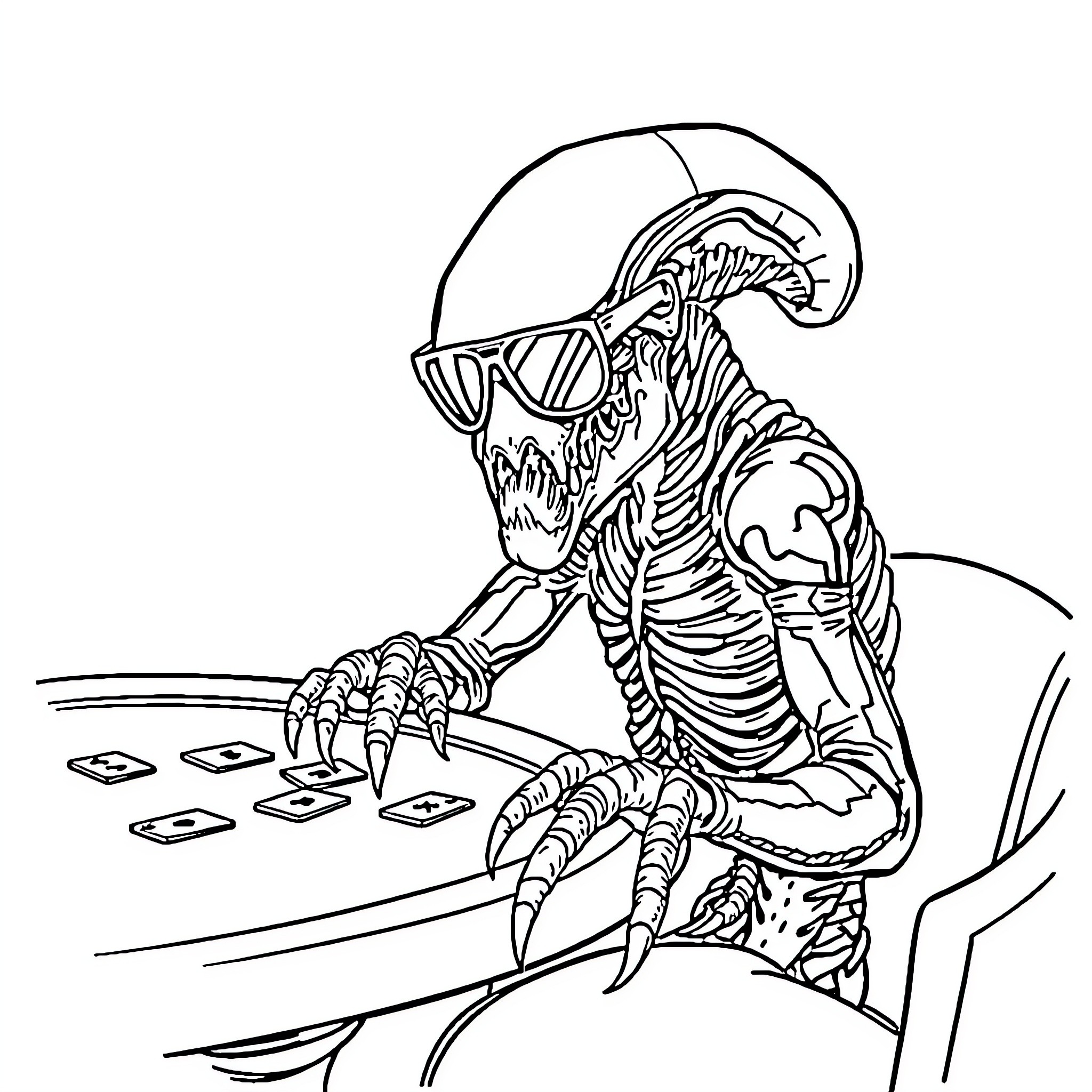Xenomorph playing card games with attitude Coloring Page (free black-and-white line drawing printable PDF for all, from beginners to advanced learners, including children, teens, adults, and seniors)