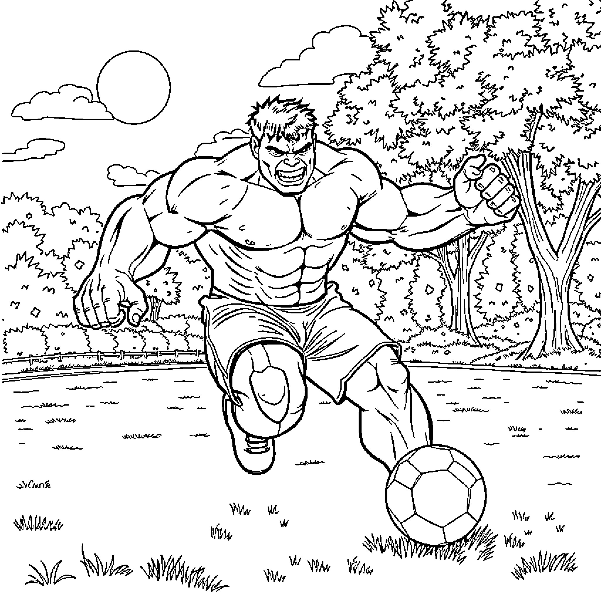 Hulk Unleashing Power in Outdoor Landscape Coloring Page (free black-and-white line drawing printable PDF for all, from beginners to advanced learners, including children, teens, adults, and seniors)