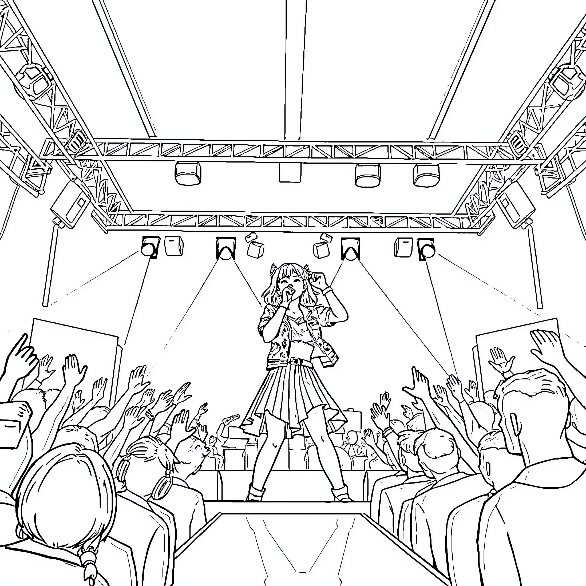 Kpop Idol Performing Energetic Routine on Stage Coloring Page (free black-and-white line drawing printable PDF for all, from beginners to advanced learners, including children, teens, adults, and seniors)