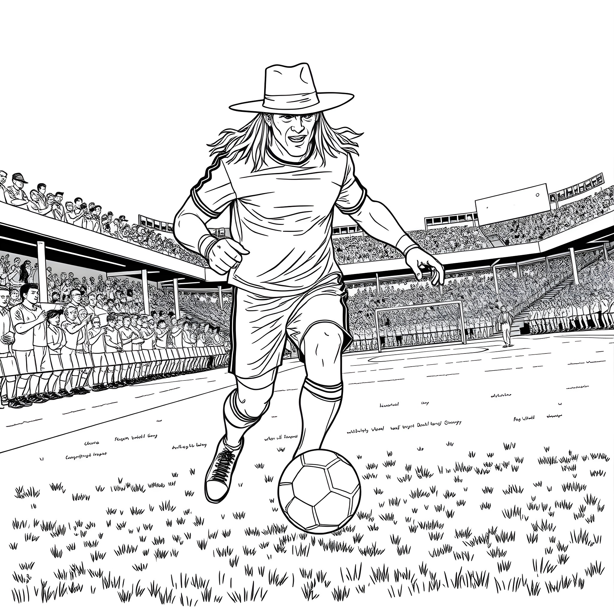 Undertaker playing soccer in a stadium Coloring Page (free black-and-white line drawing printable PDF for all, from beginners to advanced learners, including children, teens, adults, and seniors)
