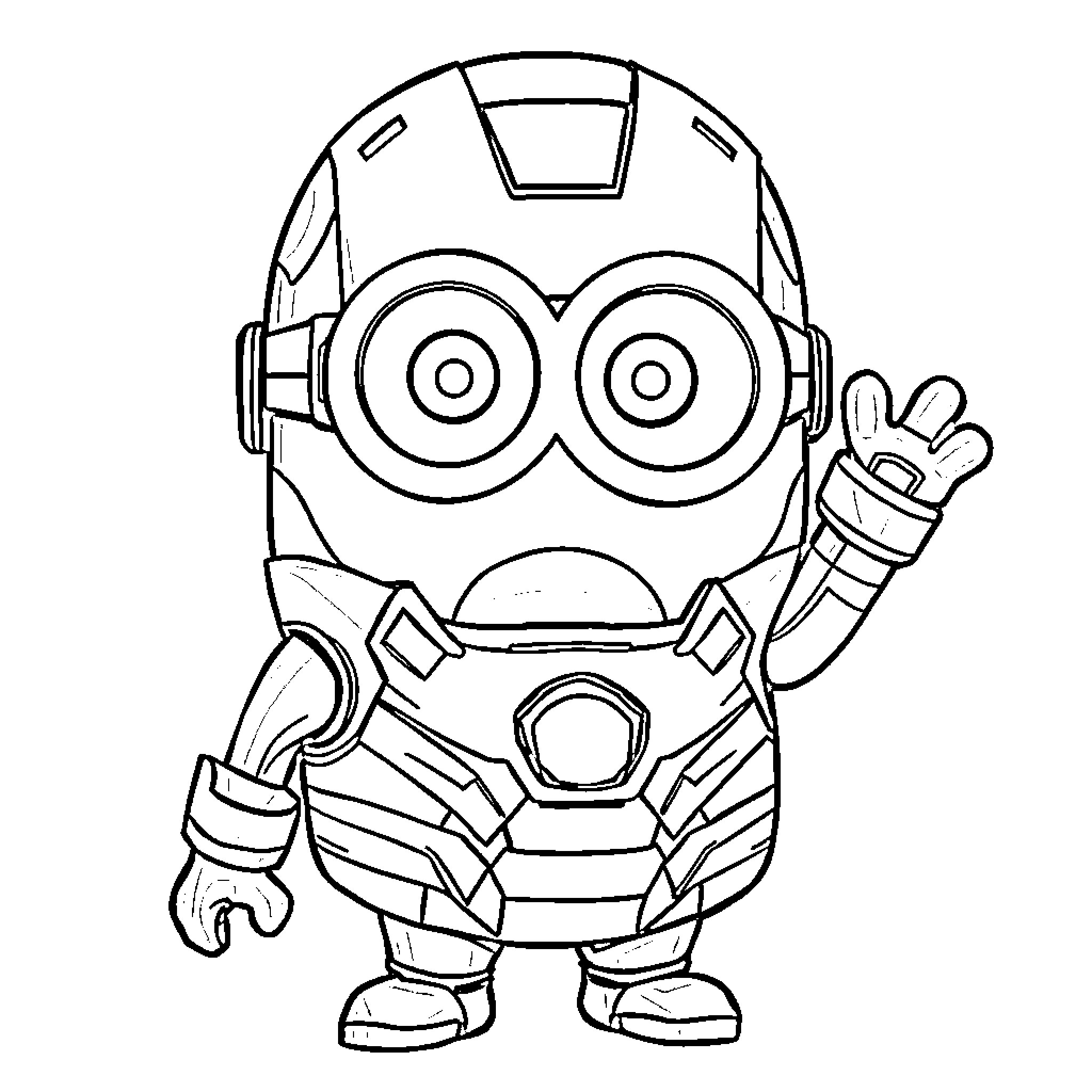 Minion in Heroic Robot Attire Coloring Page (free black-and-white line drawing printable PDF for all, from beginners to advanced learners, including children, teens, adults, and seniors)