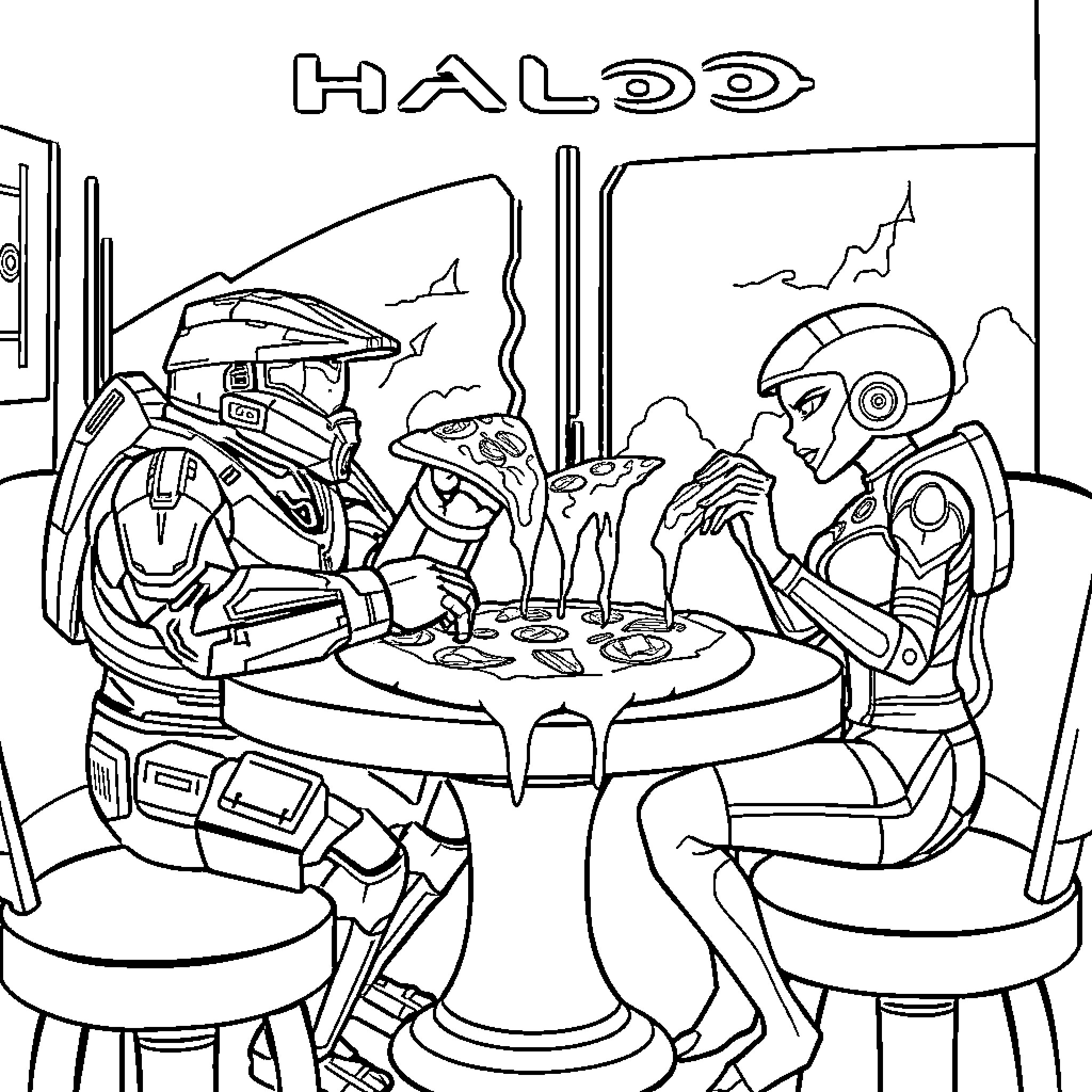 Halo Characters Relaxing and Socializing Coloring Page (free black-and-white line drawing printable PDF for all, from beginners to advanced learners, including children, teens, adults, and seniors)